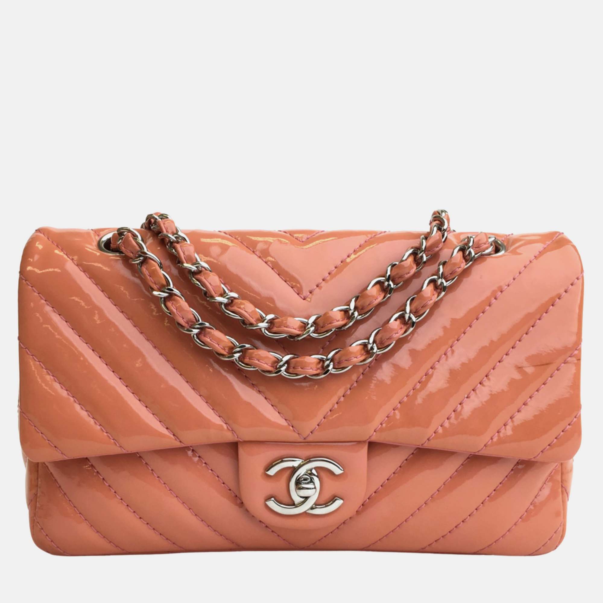 Chanel peach patent leather flap shoulder bag