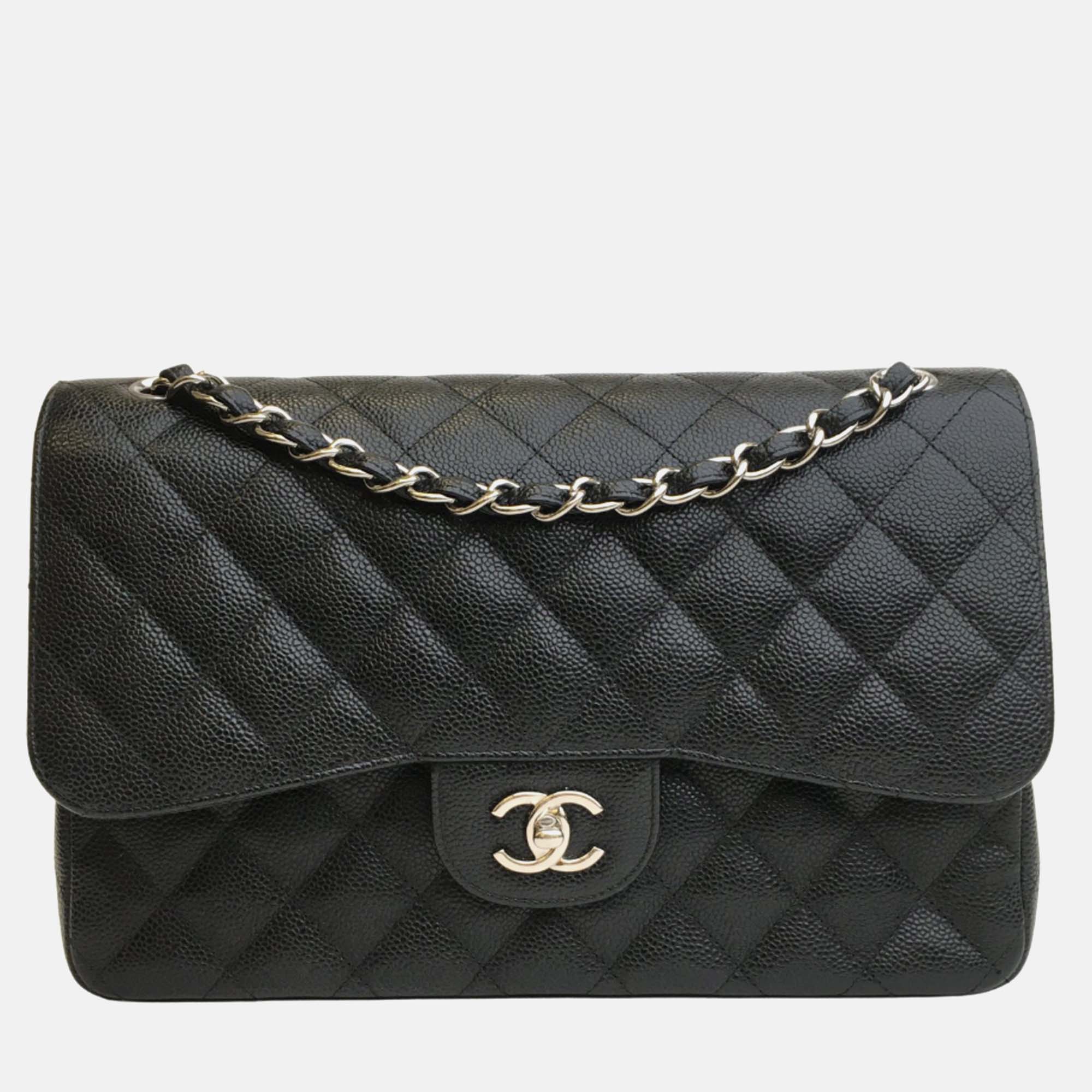 Chanel black caviar leather jumbo classic double flap shoulder bag
