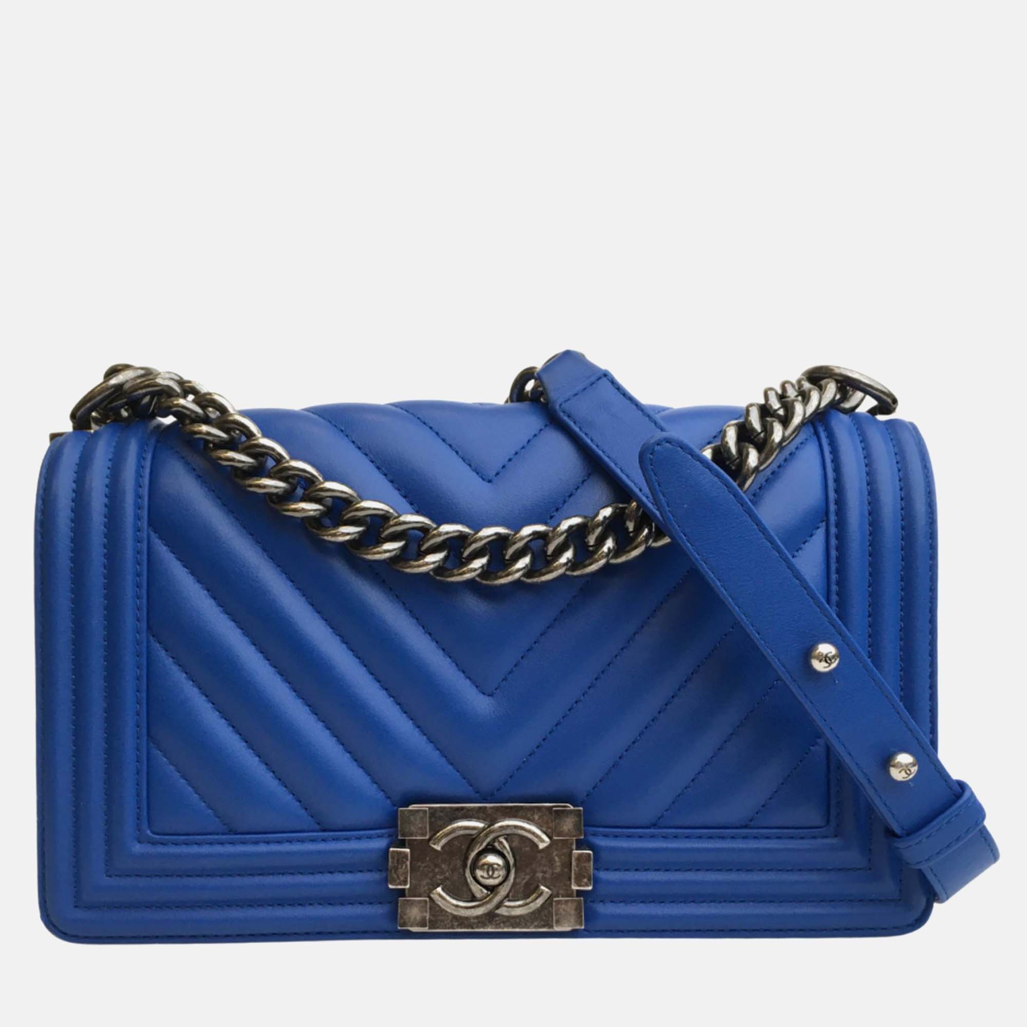 Chanel blue leather medium boy shoulder bag
