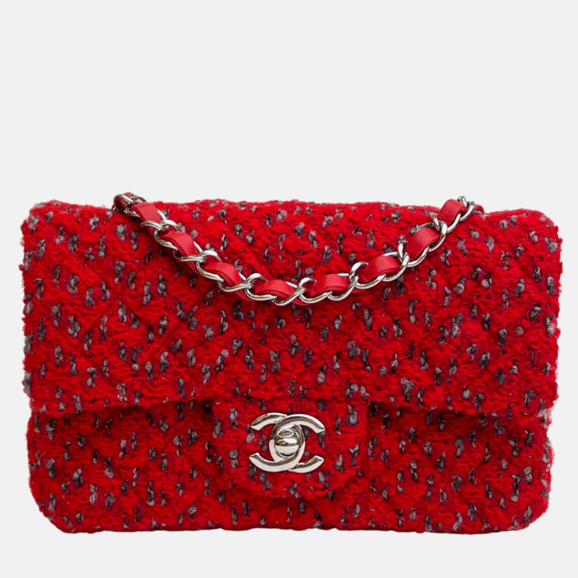 Chanel red tweed classic rectangular mini flap bag shoulder bag