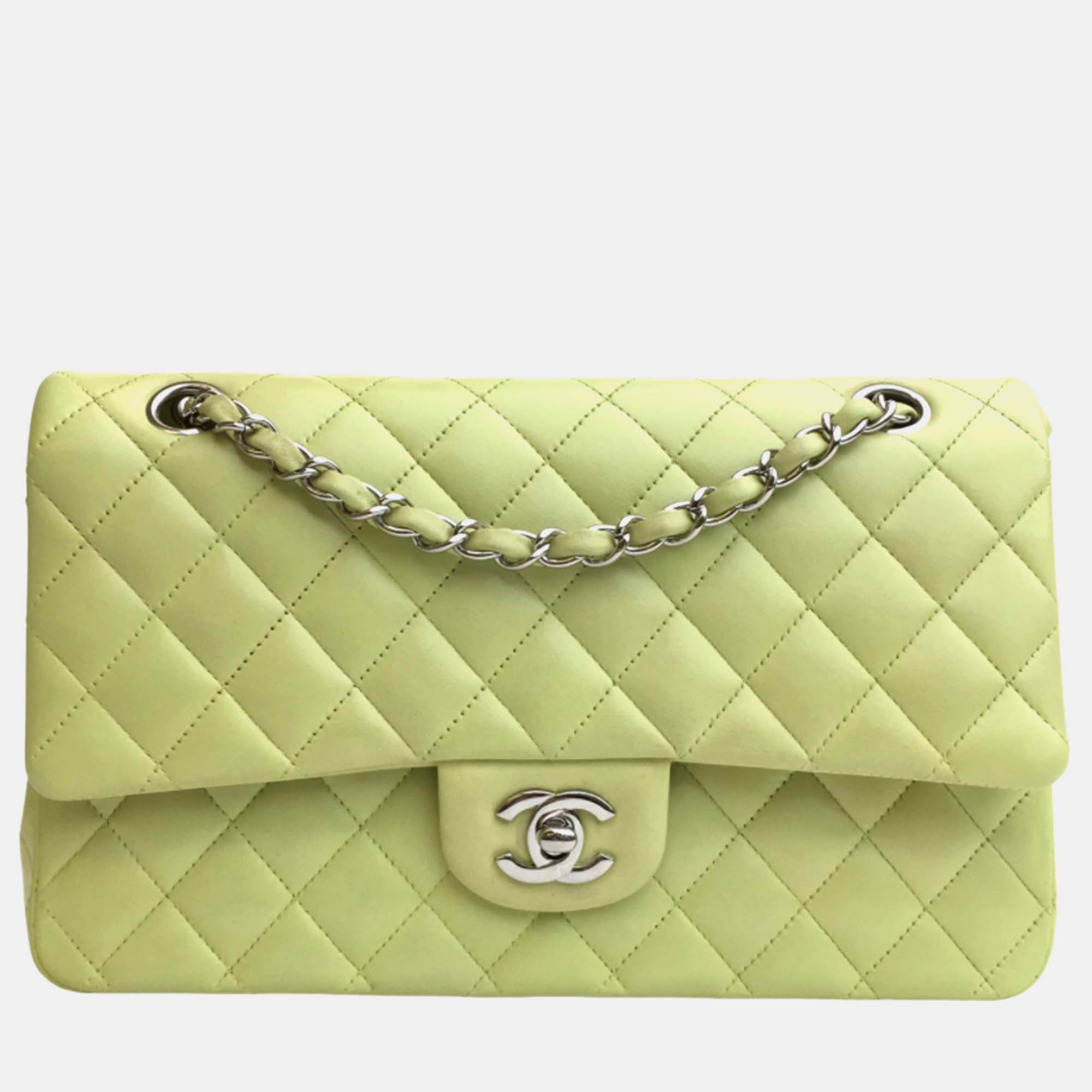 Chanel green lambskin leather medium classic double flap shoulder bags