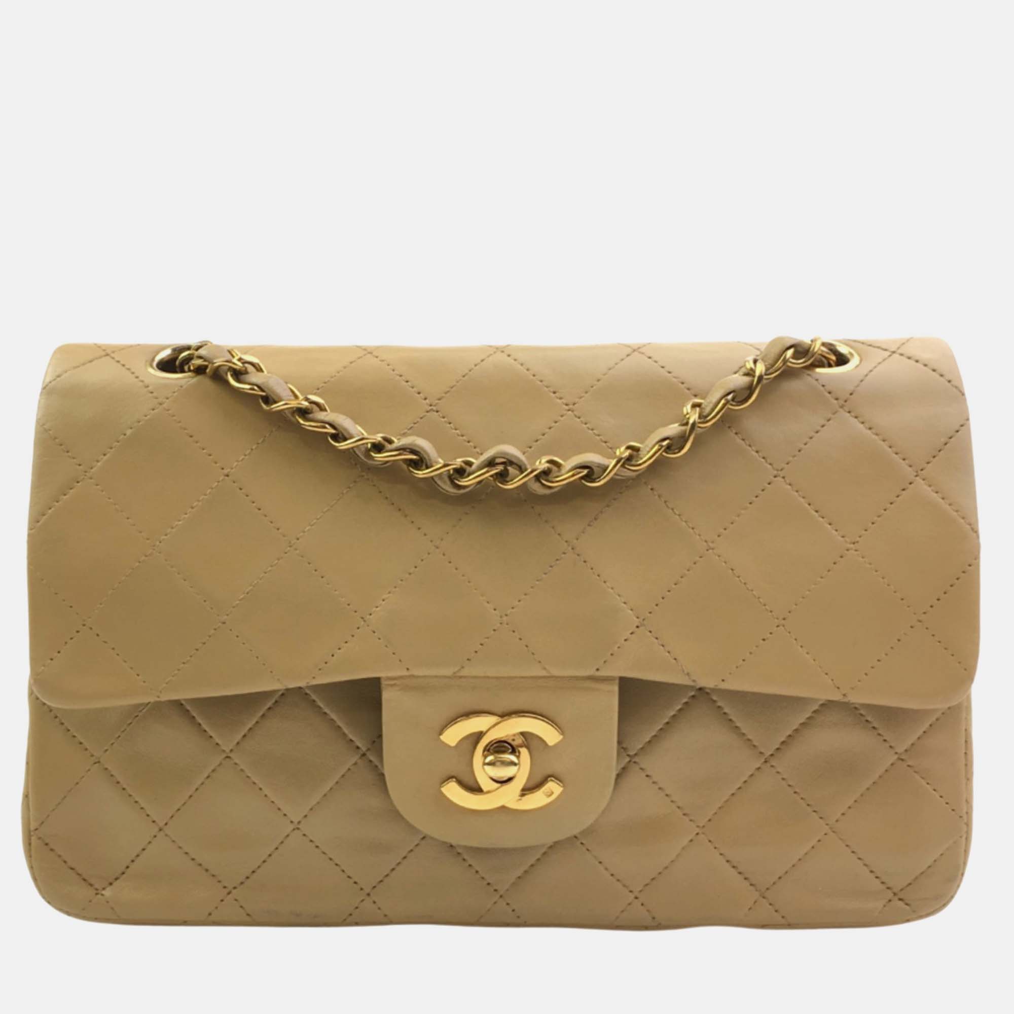 Chanel beige lambskin leather small vintage classic double flap shoulder bags