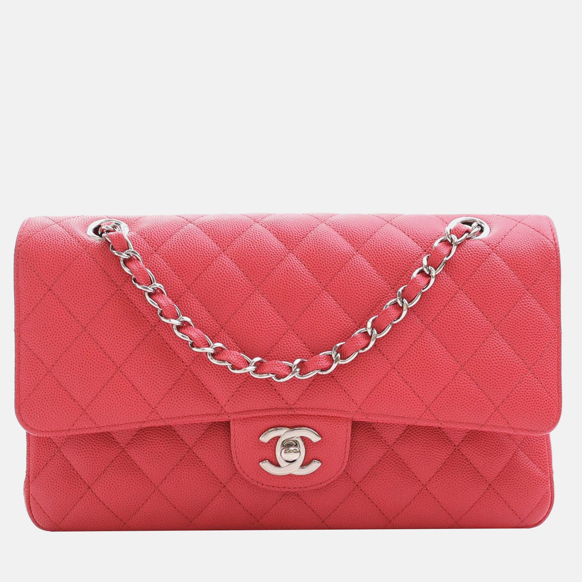 Chanel red caviar leather medium classic double flap shoulder bags