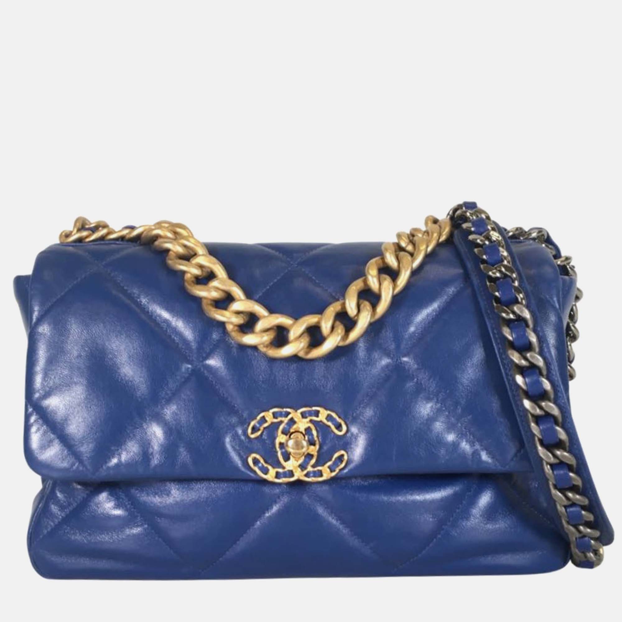 Chanel blue leather 19 large shoulder bag
