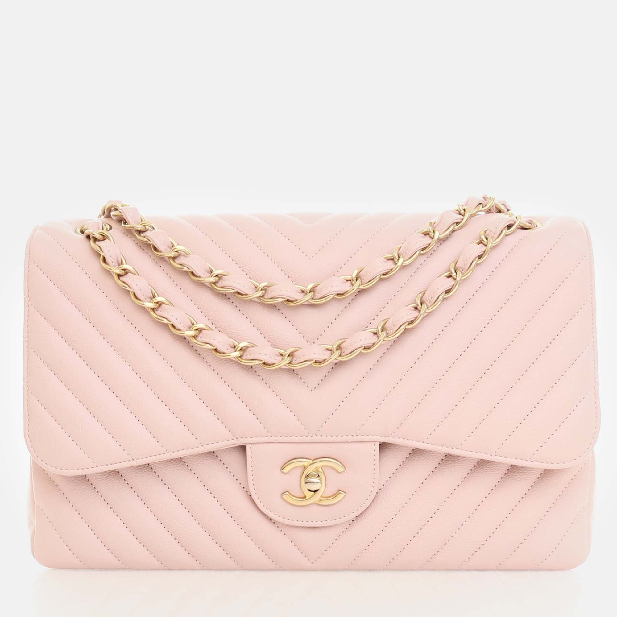Chanel pink leather chevron medium classic double flap shoulder bags