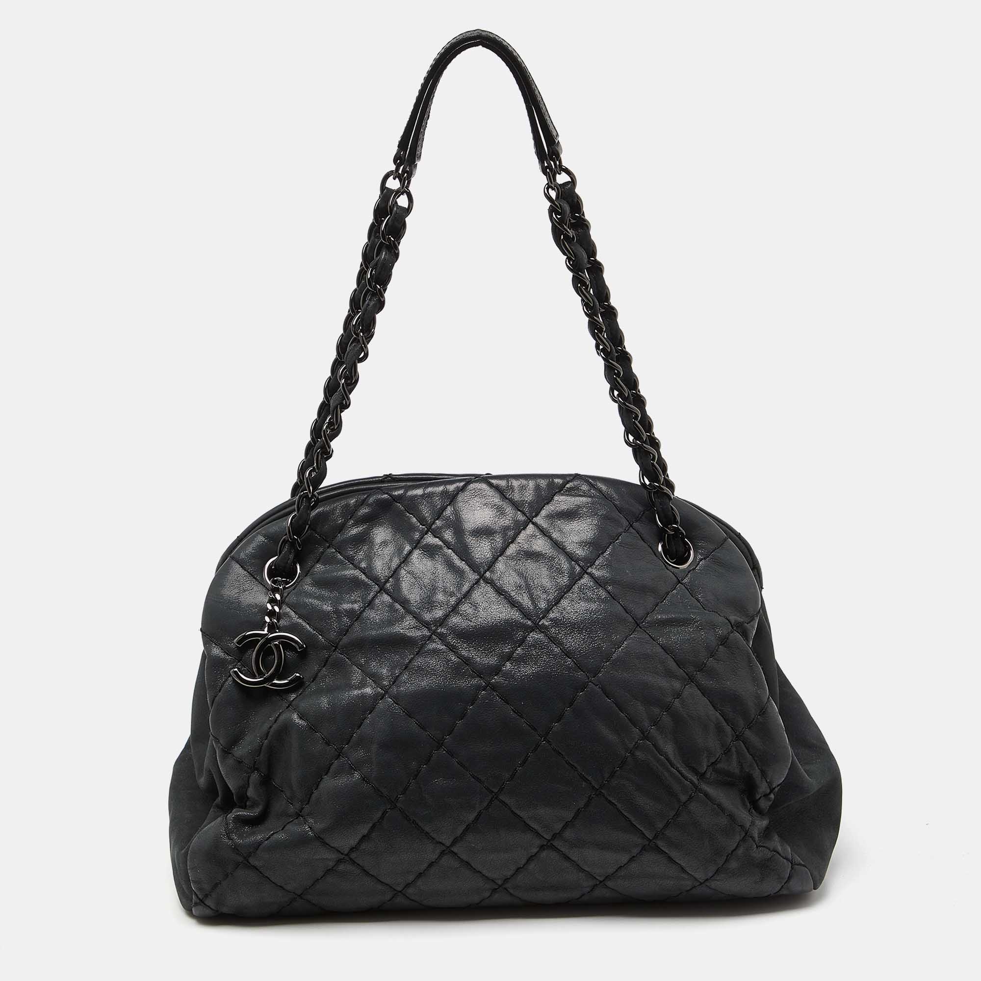 Chanel black quilted shimmer leather medium just mademoiselle bowler bag