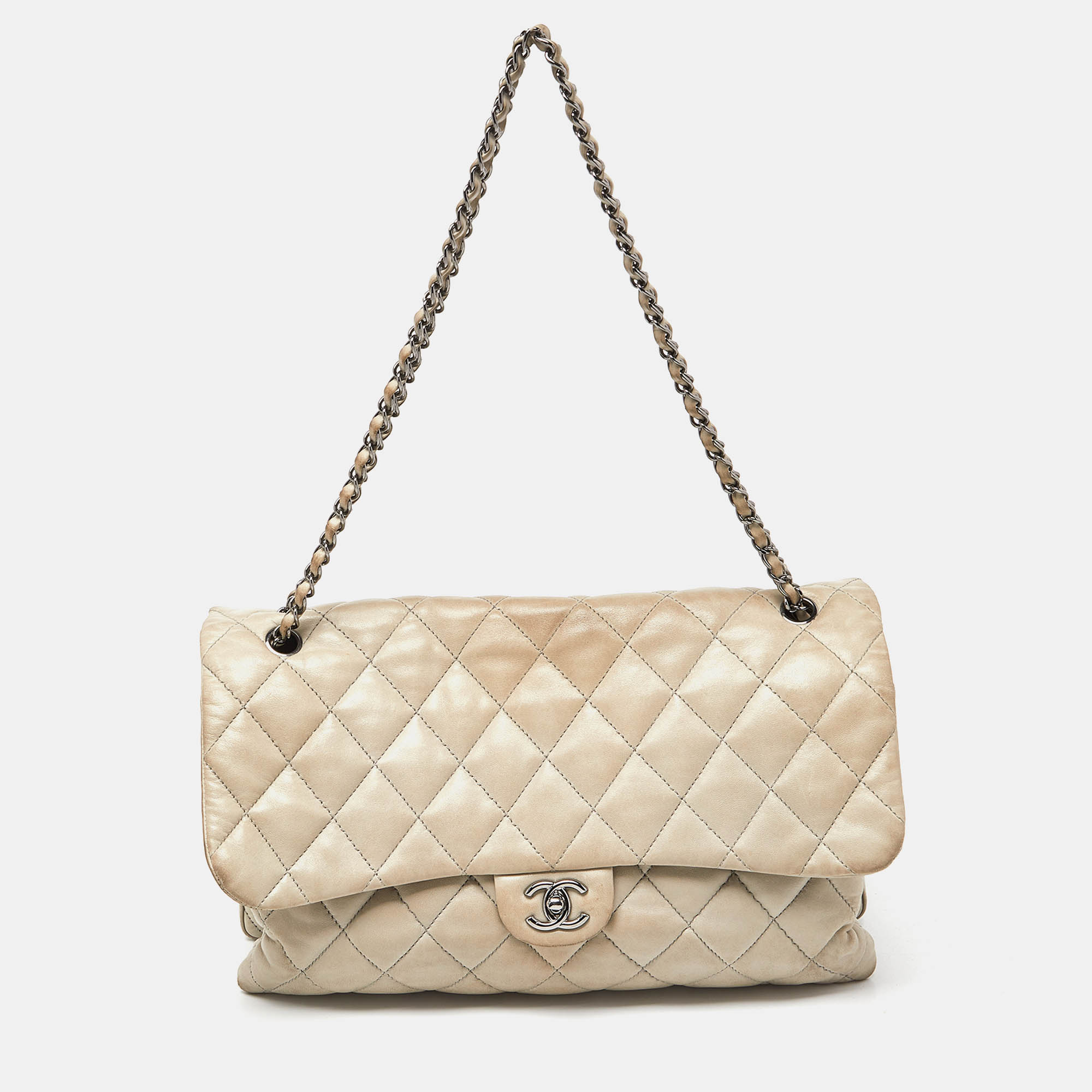 Chanel grey quilted leather maxi 3 accordion flap bag