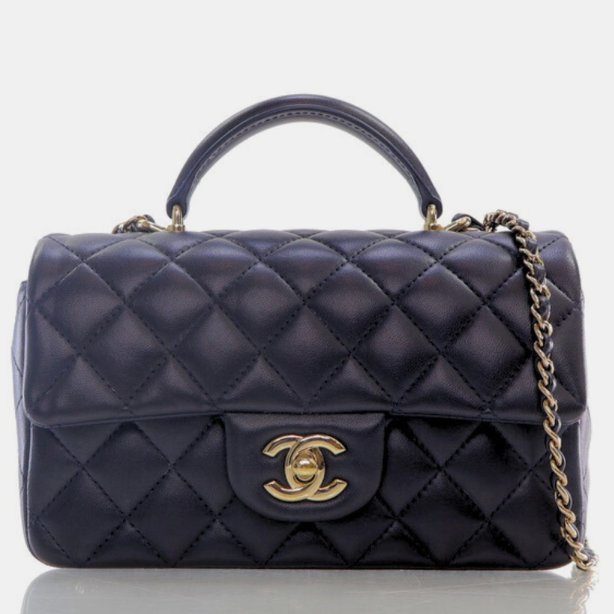 Chanel blue lambskin leather mini rectangle top handle bag