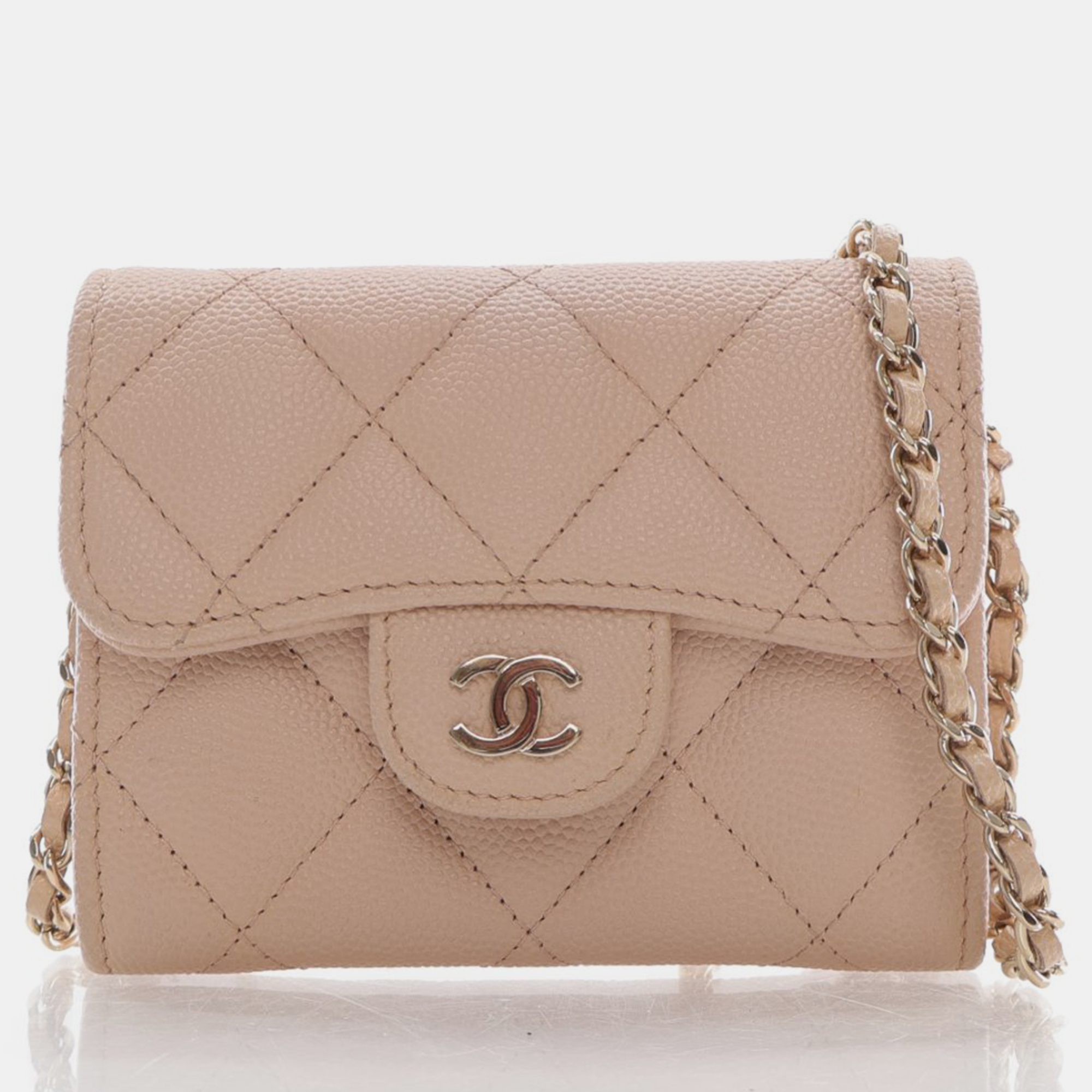 Chanel beige quilted caviar small classic flap clutch with chain