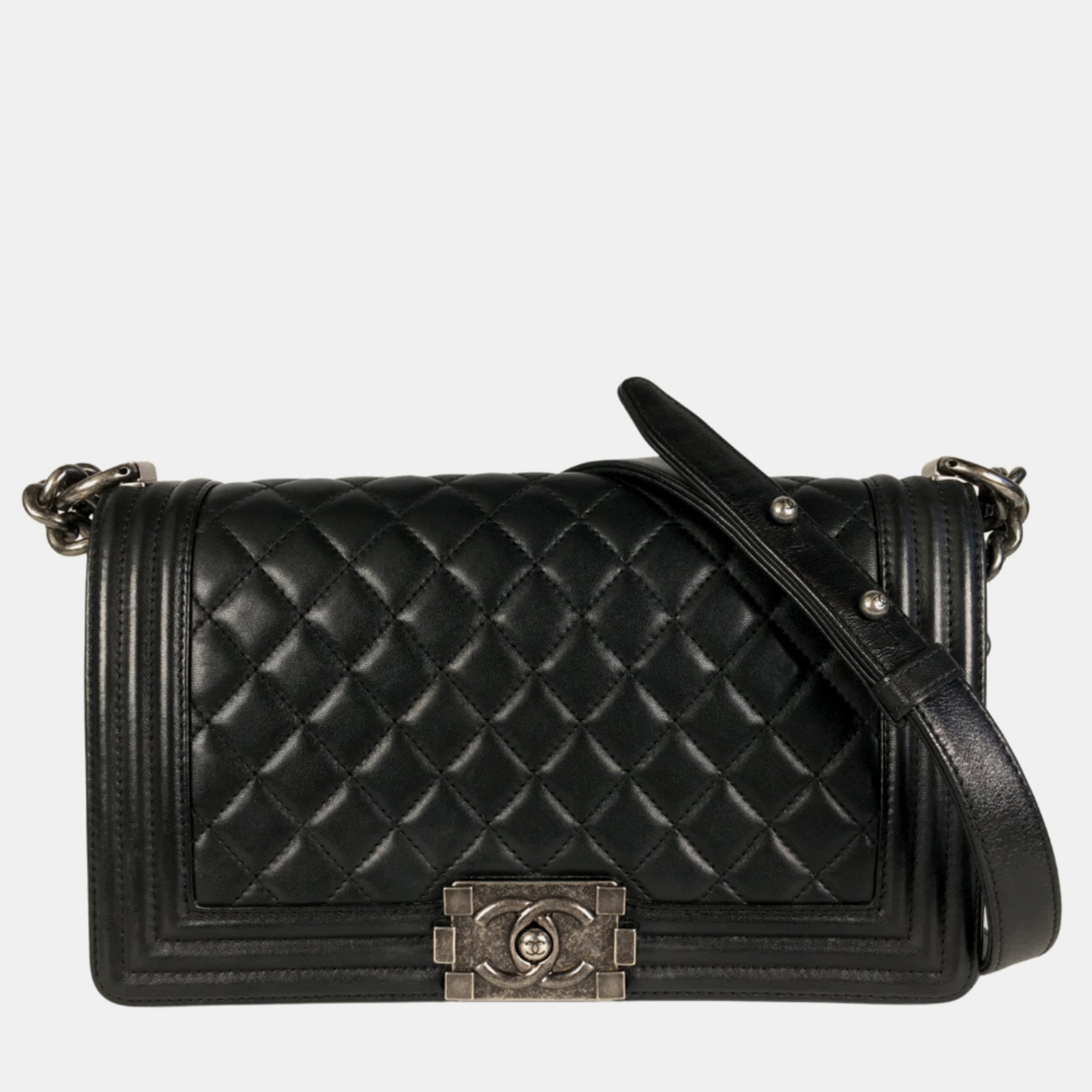 Chanel black lambskin leather medium boy shoulder bag