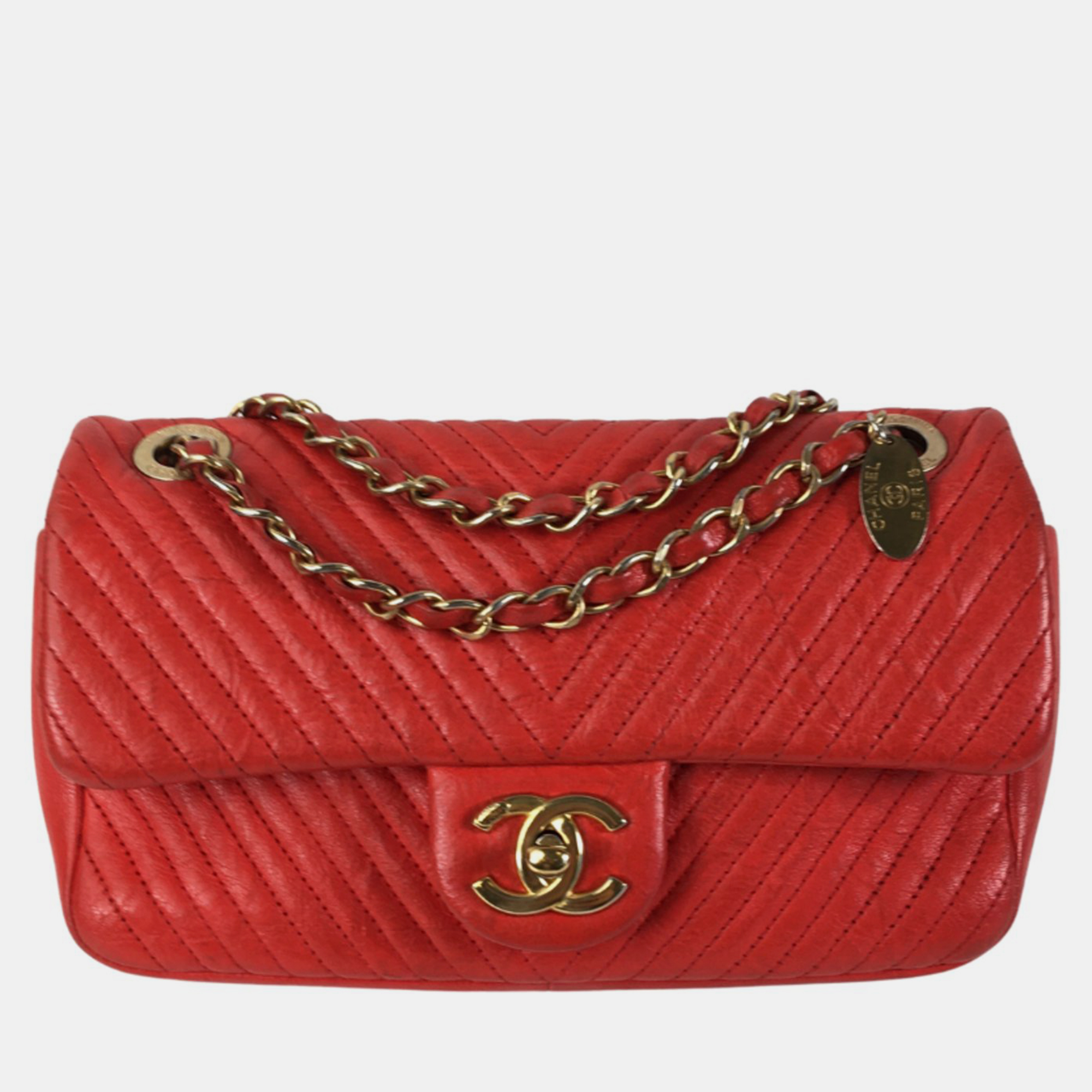 Chanel red medium wrinkled calfskin quilted chevron medallion charm surpique flap