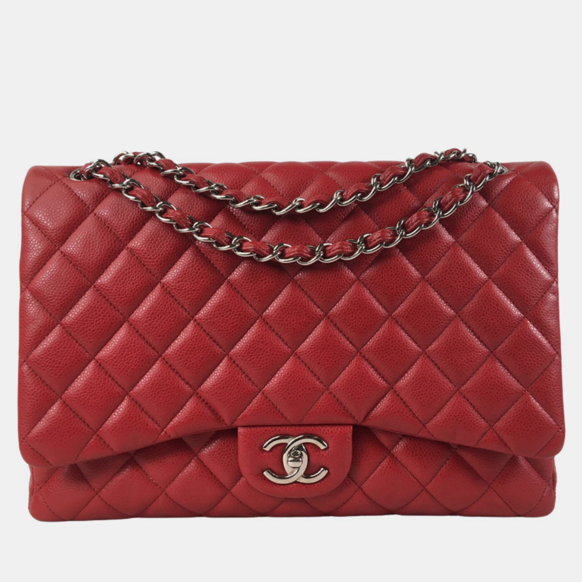 Chanel red lambskin leather maxi classic double flap shoulder bags