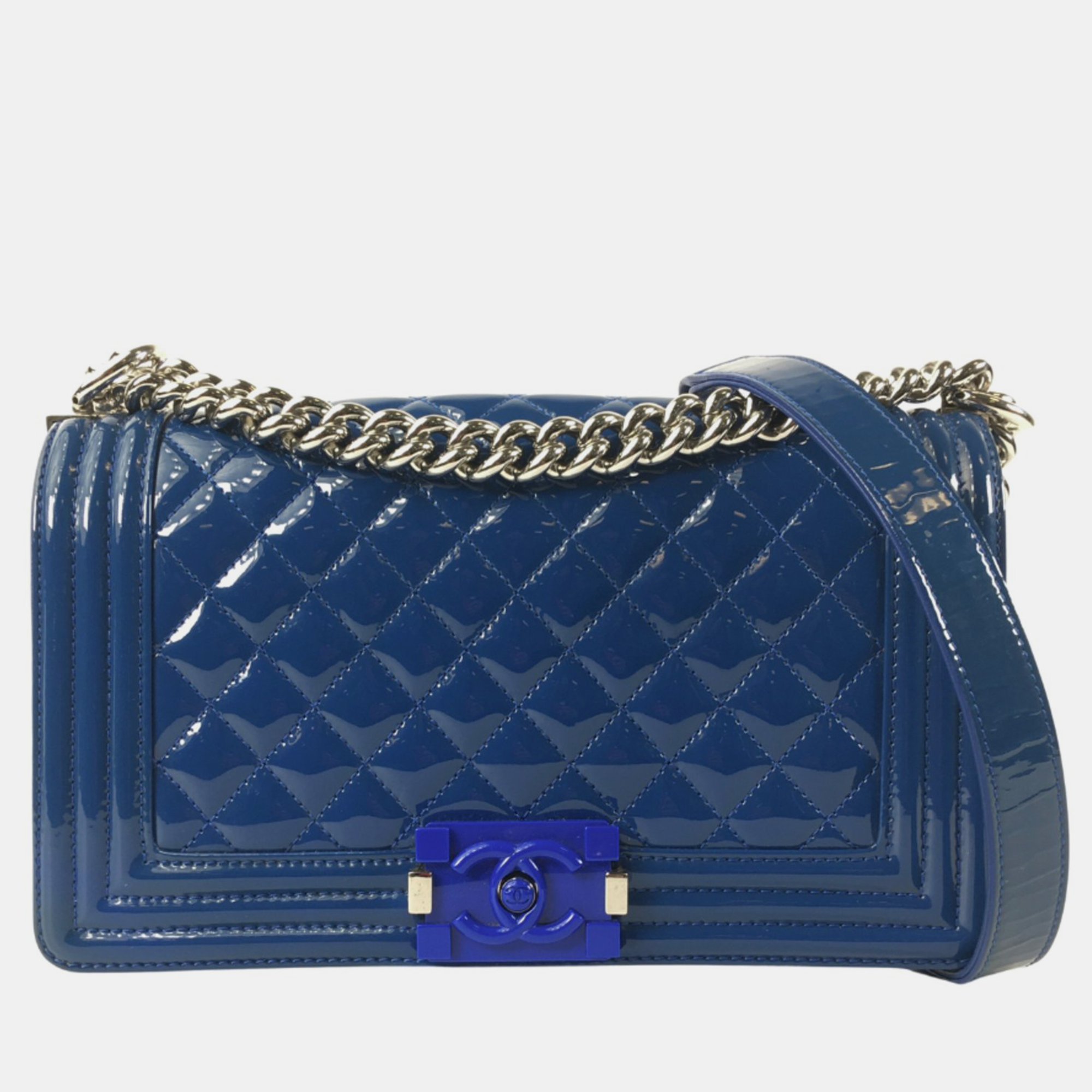 Chanel blue patent leather medium boy bag