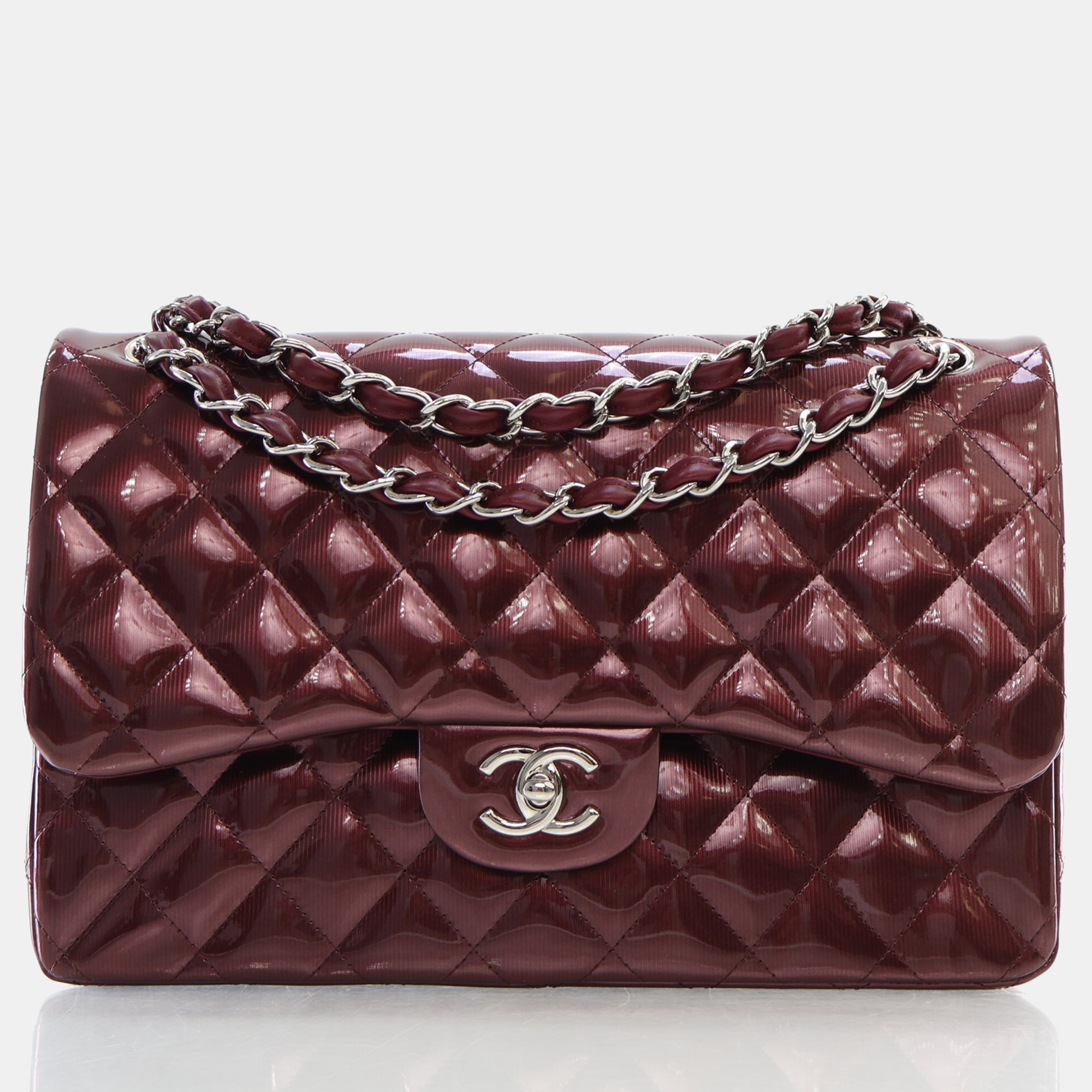 Chanel burgundy patent leather large classic double flap shoulder bags
