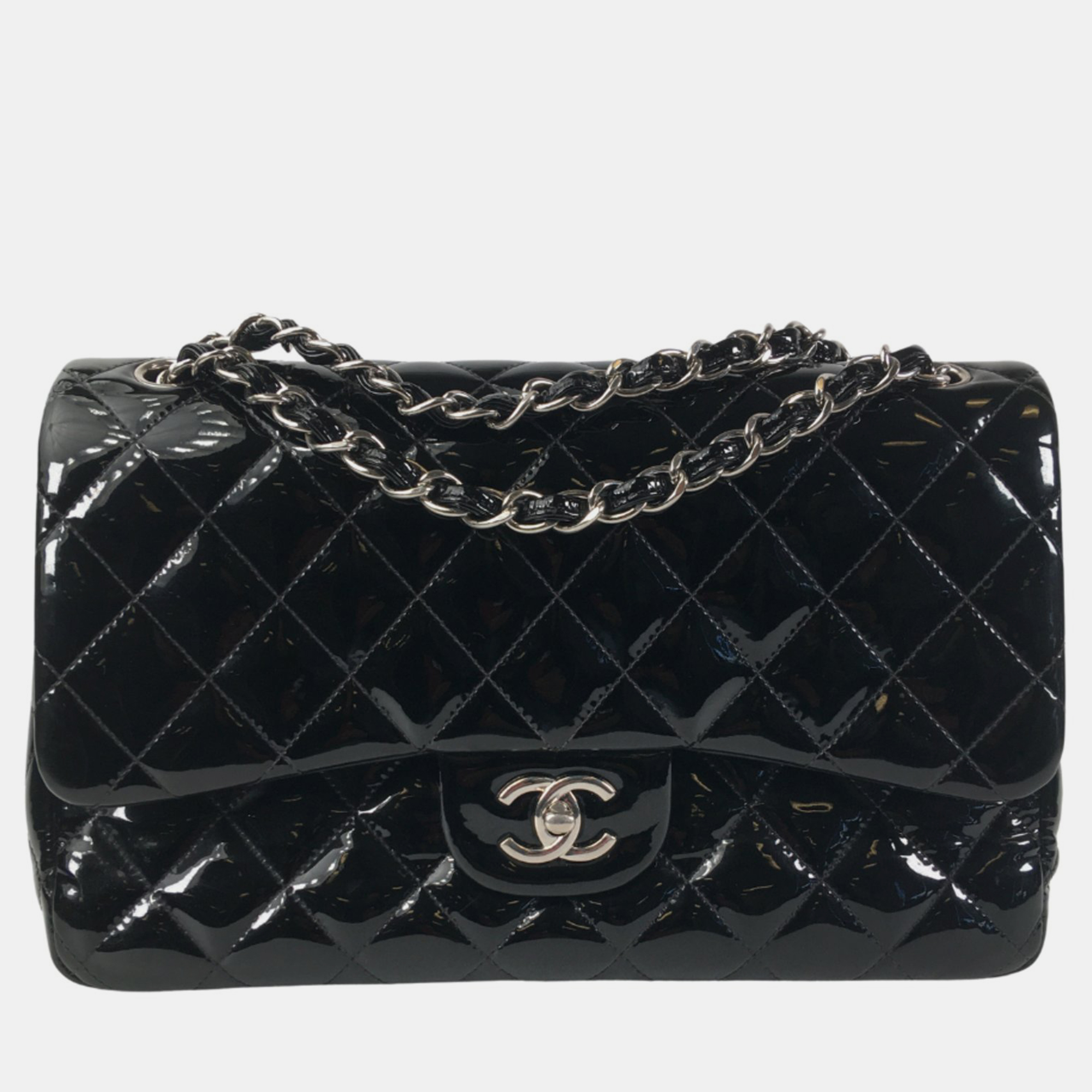 Chanel black patent leather jumbo classic double flap shoulder bags