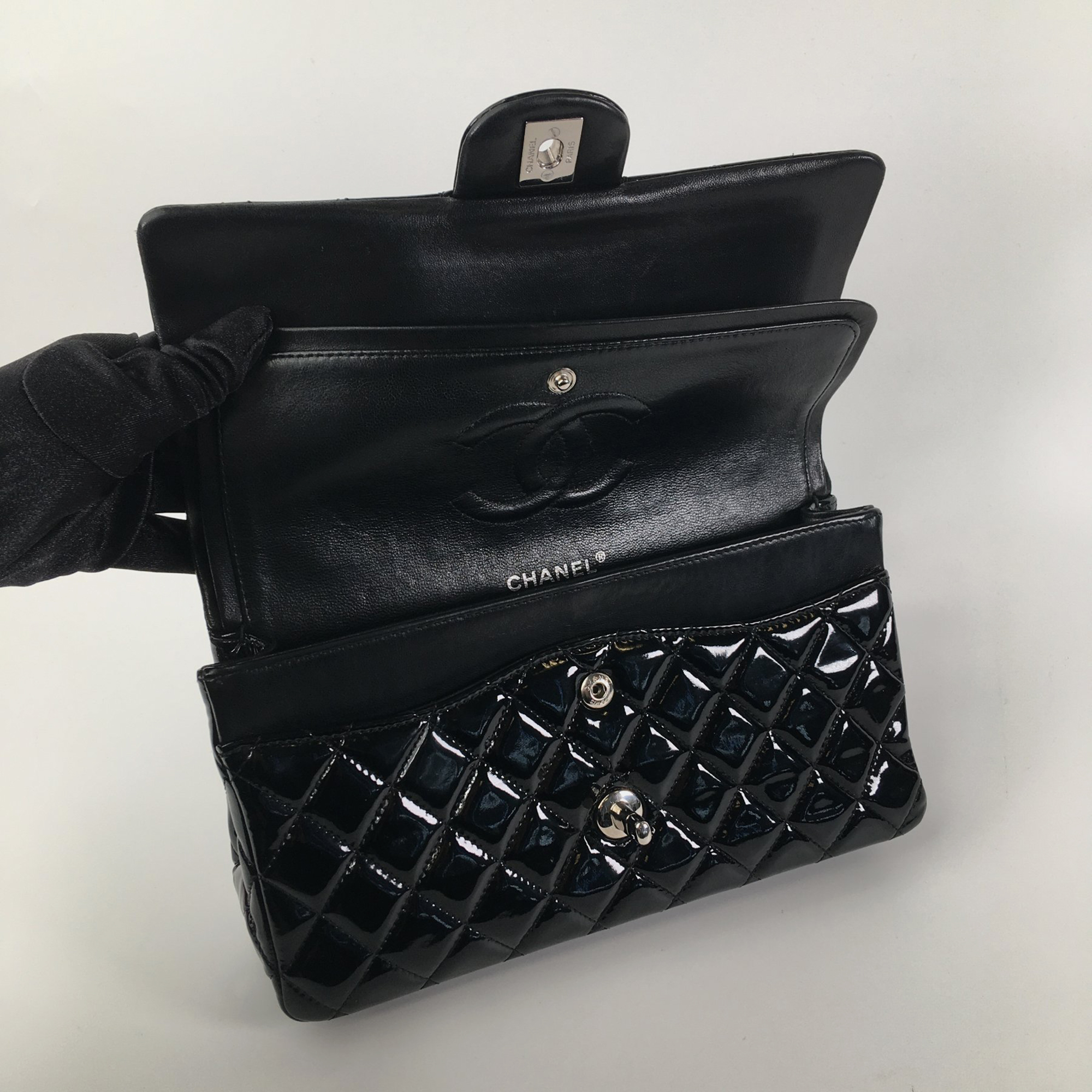 Chanel Black Patent Leather Medium Classic Double Flap Shoulder Bags