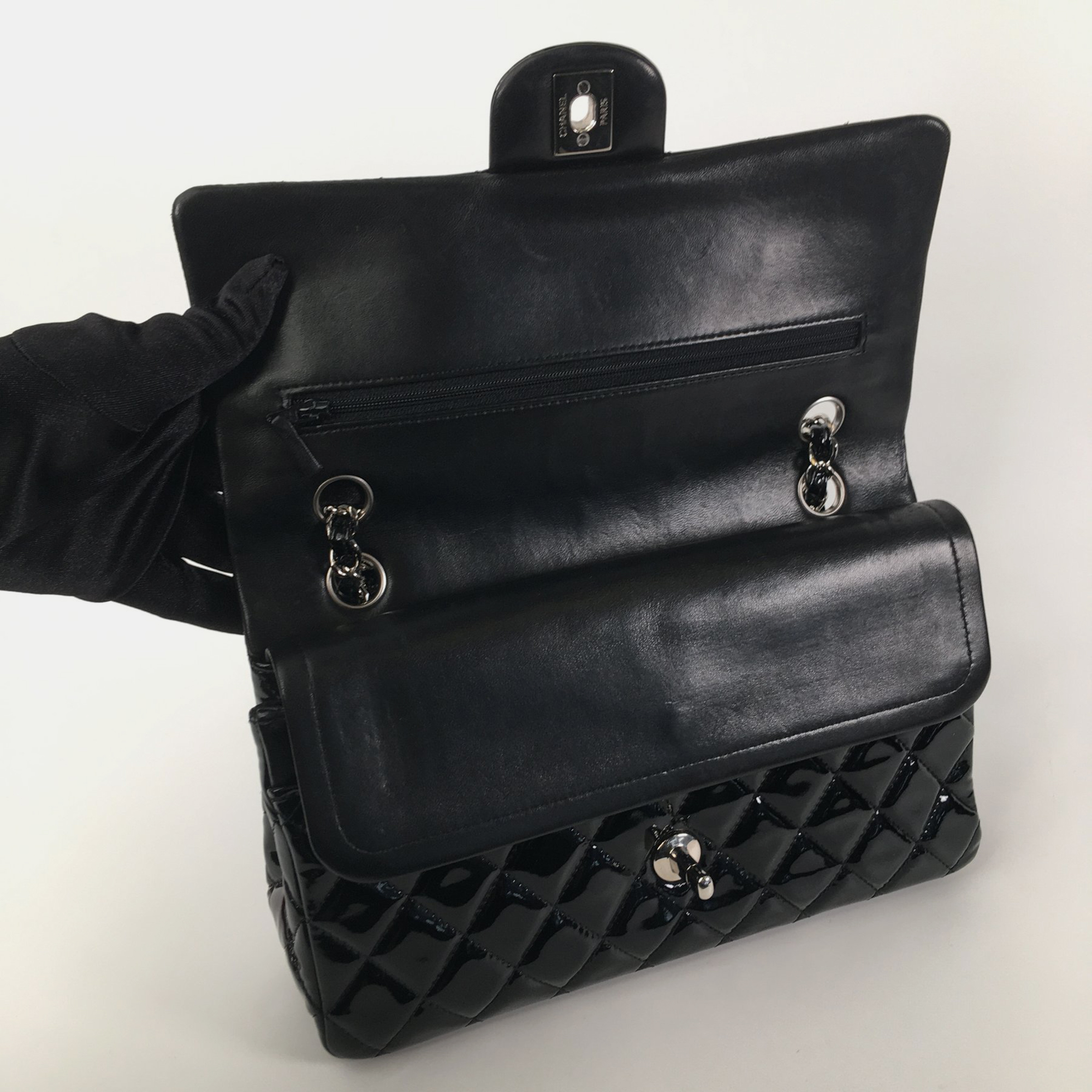 Chanel Black Patent Leather Medium Classic Double Flap Shoulder Bags