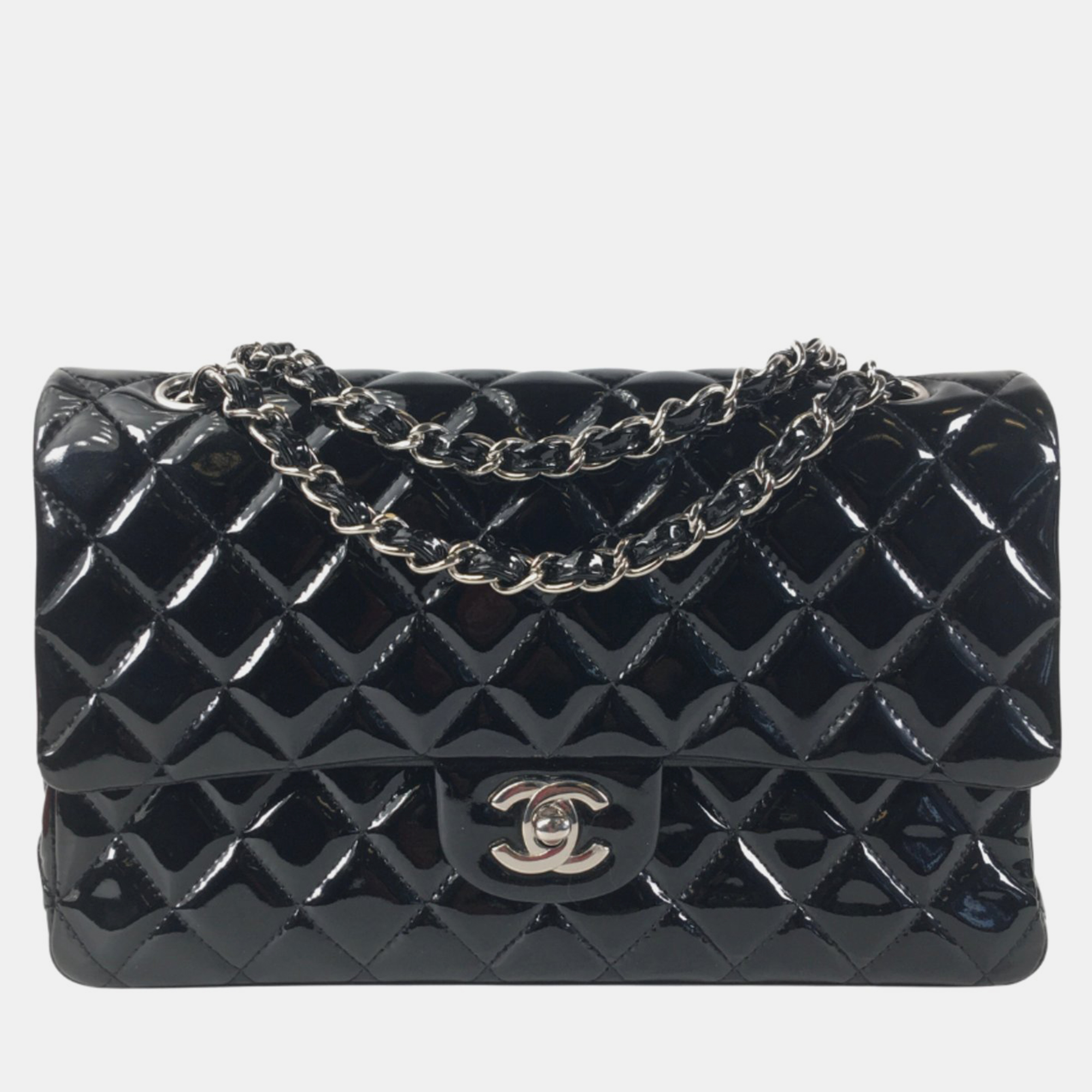 Chanel black patent leather medium classic double flap shoulder bags