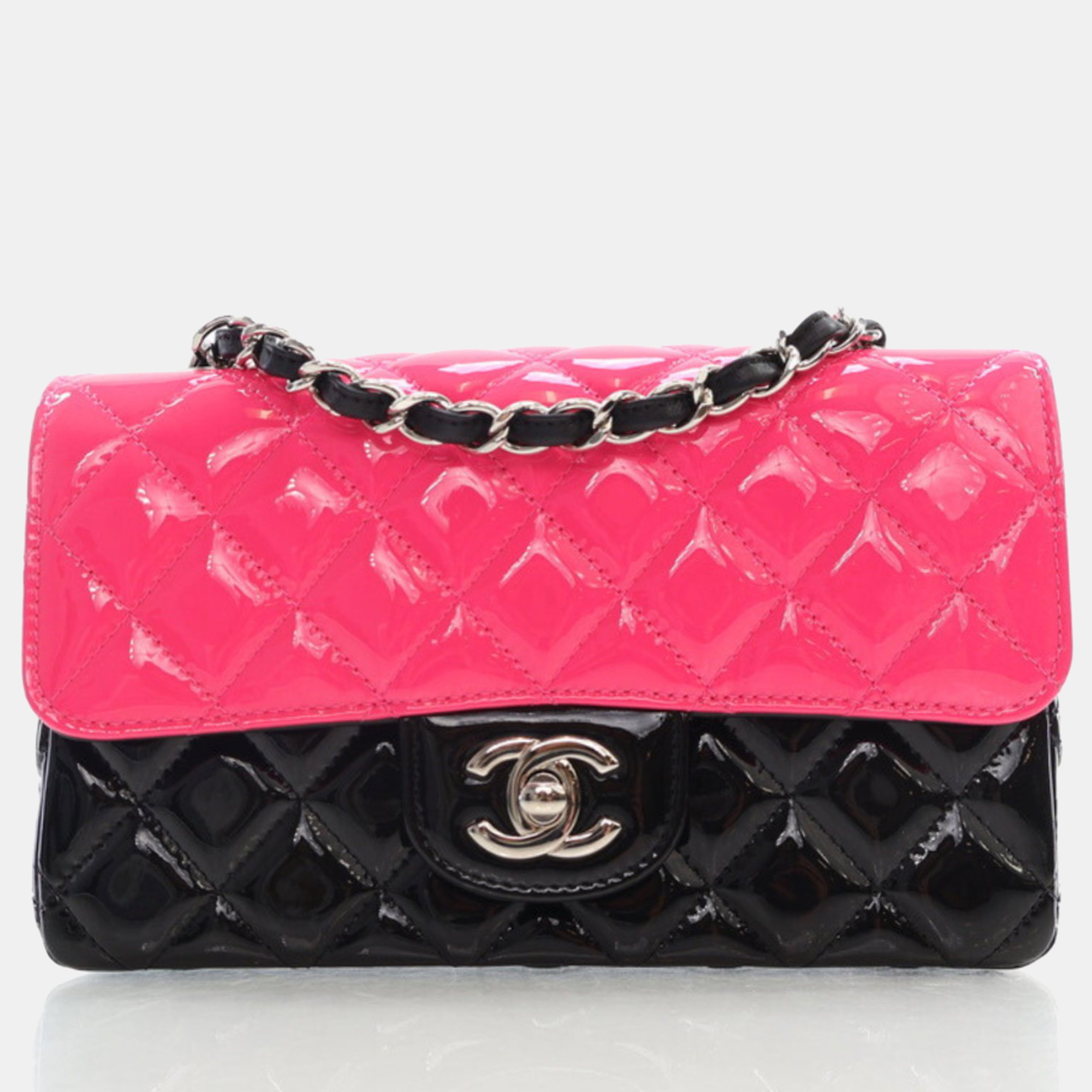 Chanel pink/black patent calfskin quilted bi-color mini rectangular flap bag
