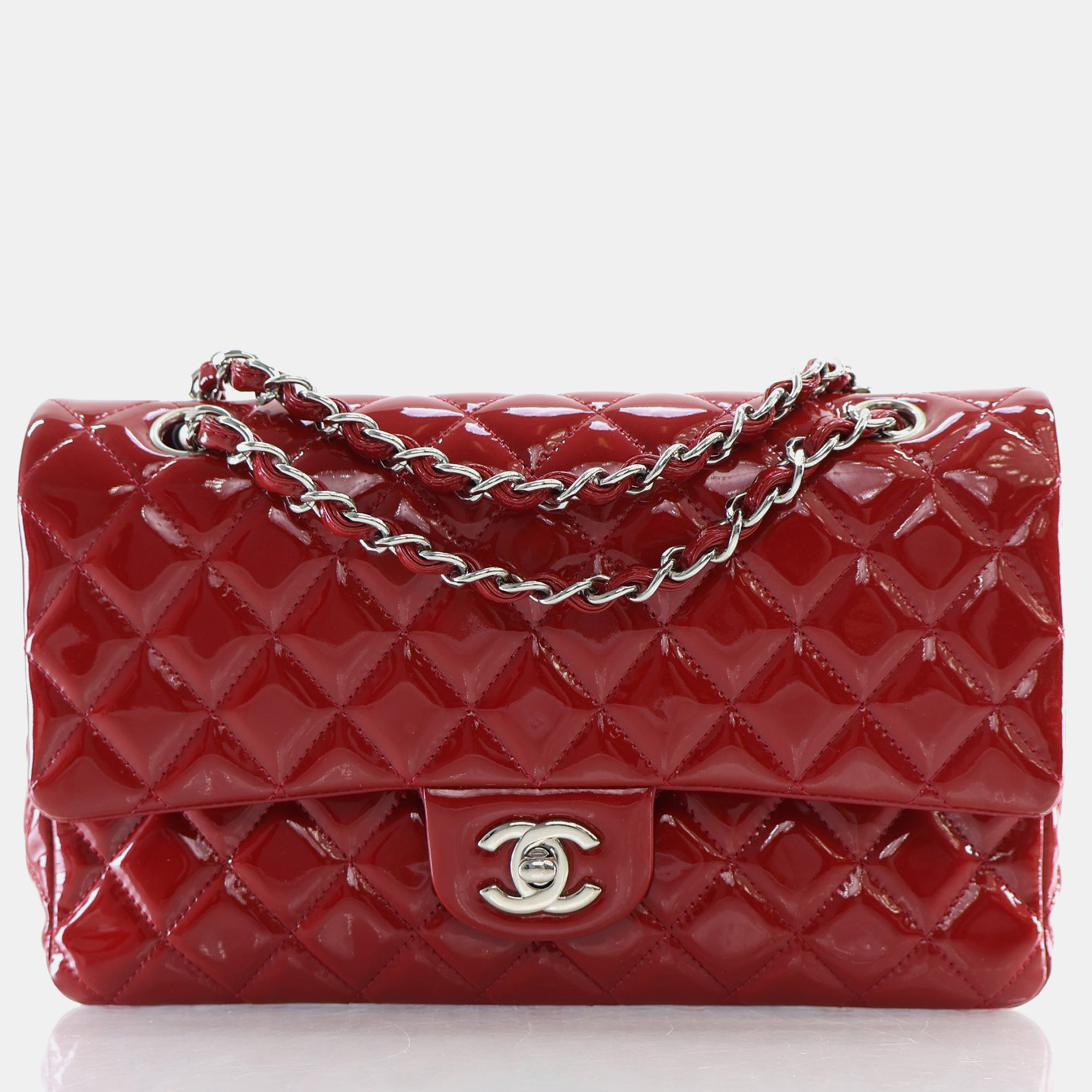 Chanel red patent leather medium classic double flap shoulder bag