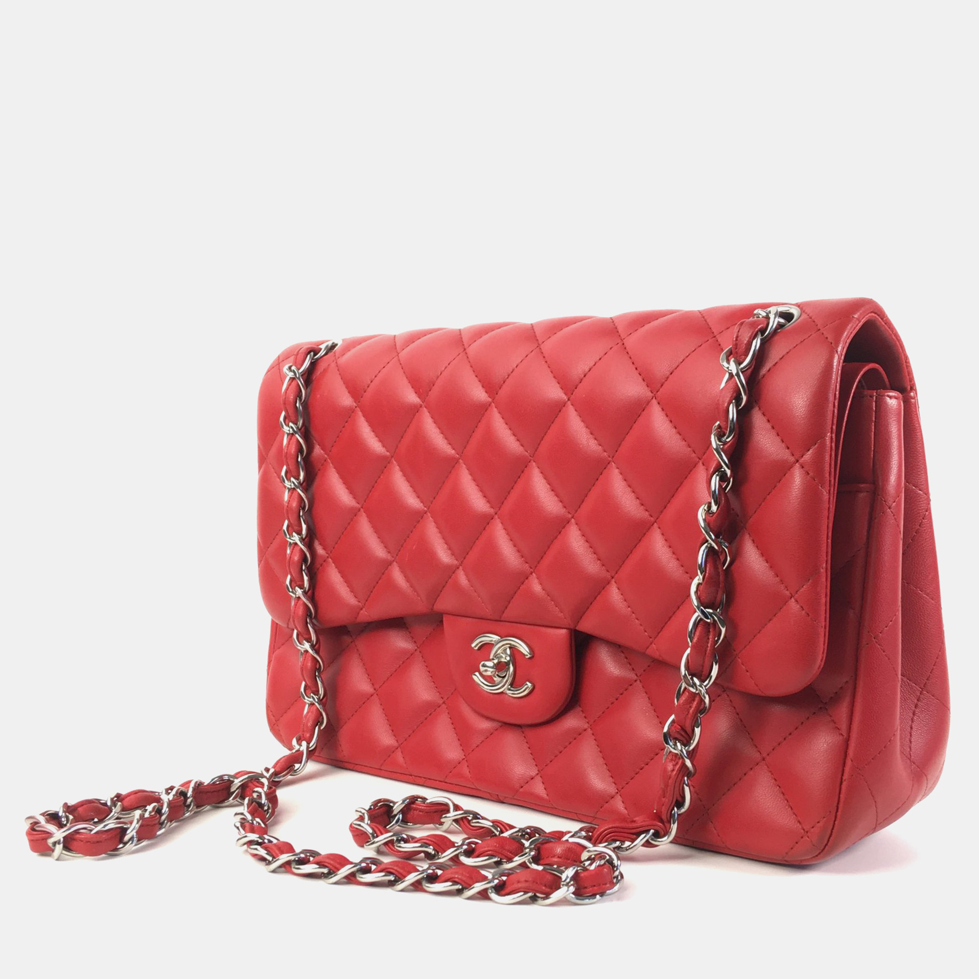 Chanel Red Lambskin Leather Jumbo Classic Double Flap Shoulder Bags