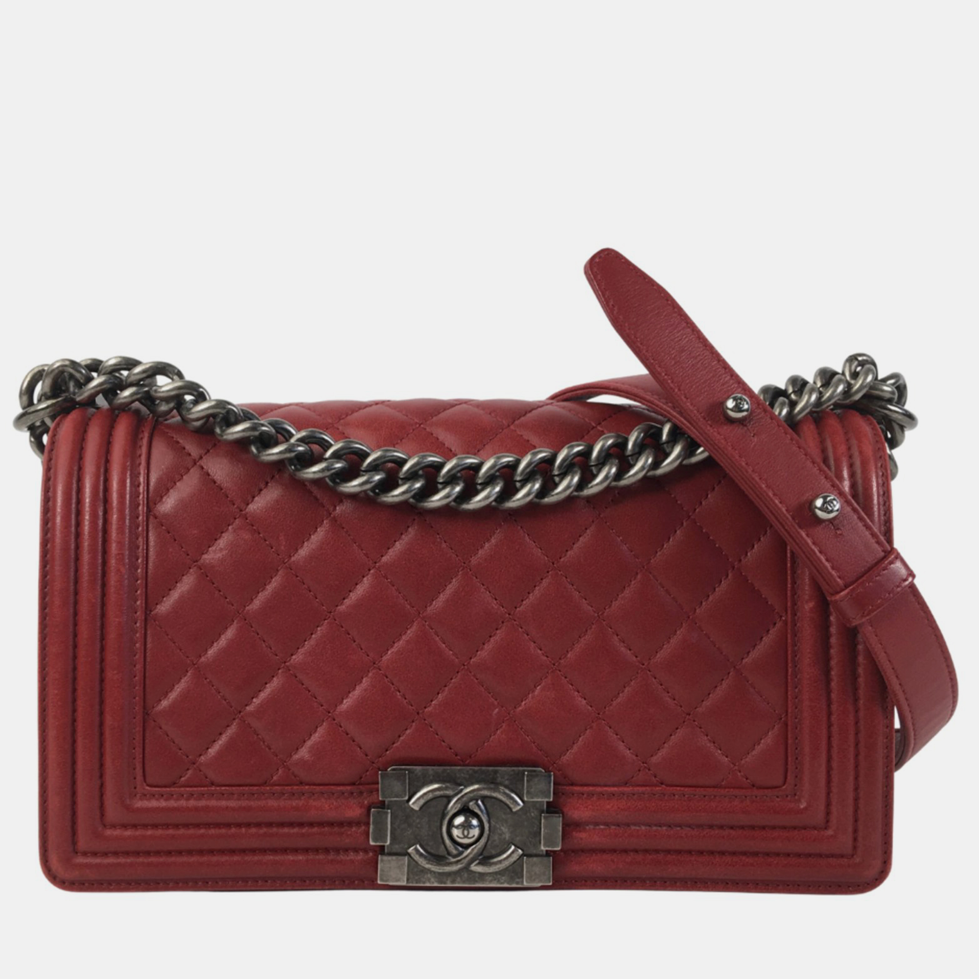 Chanel red lambskin leather medium boy bag