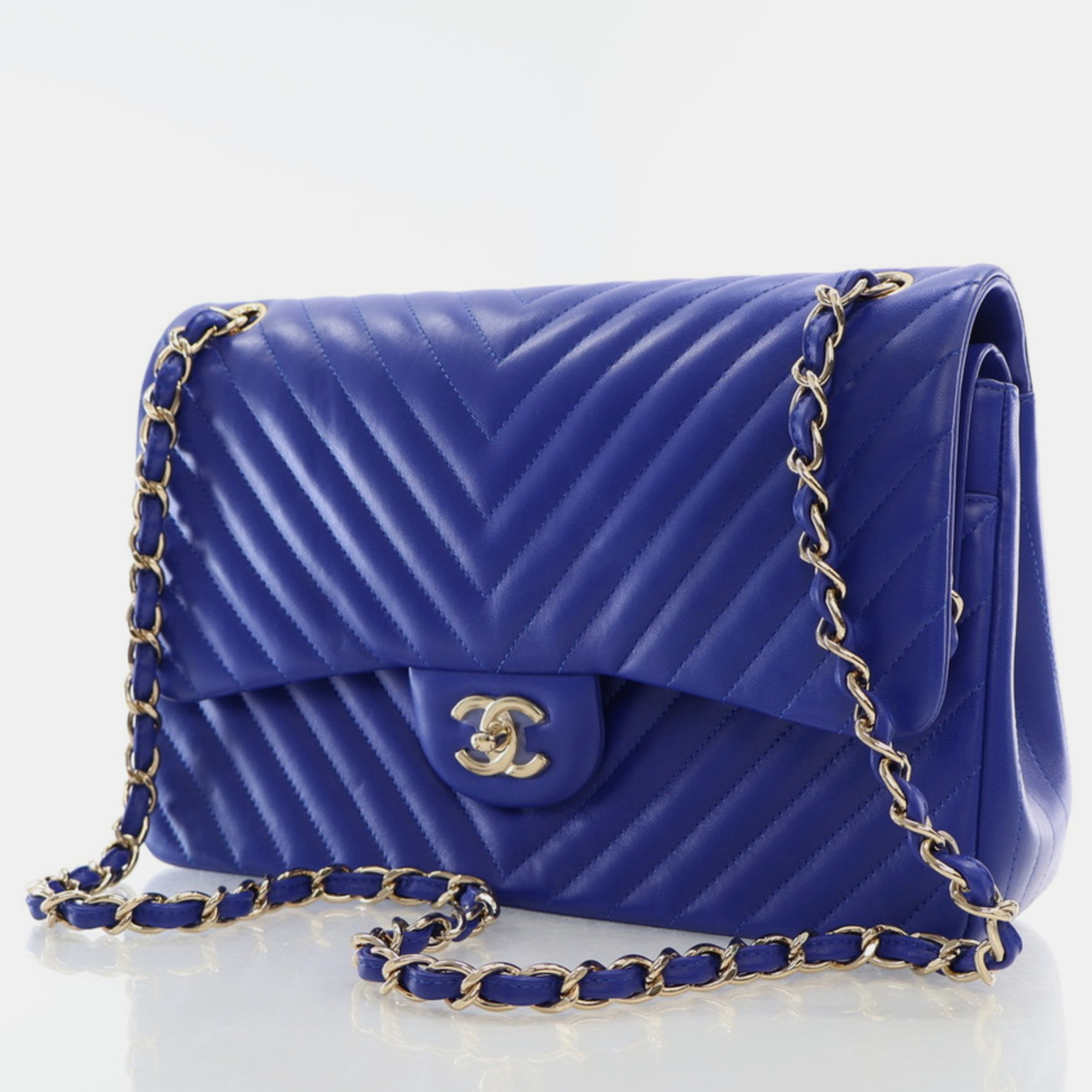 Chanel Blue Chevron Lambskin Medium Classic Double Flap Bag