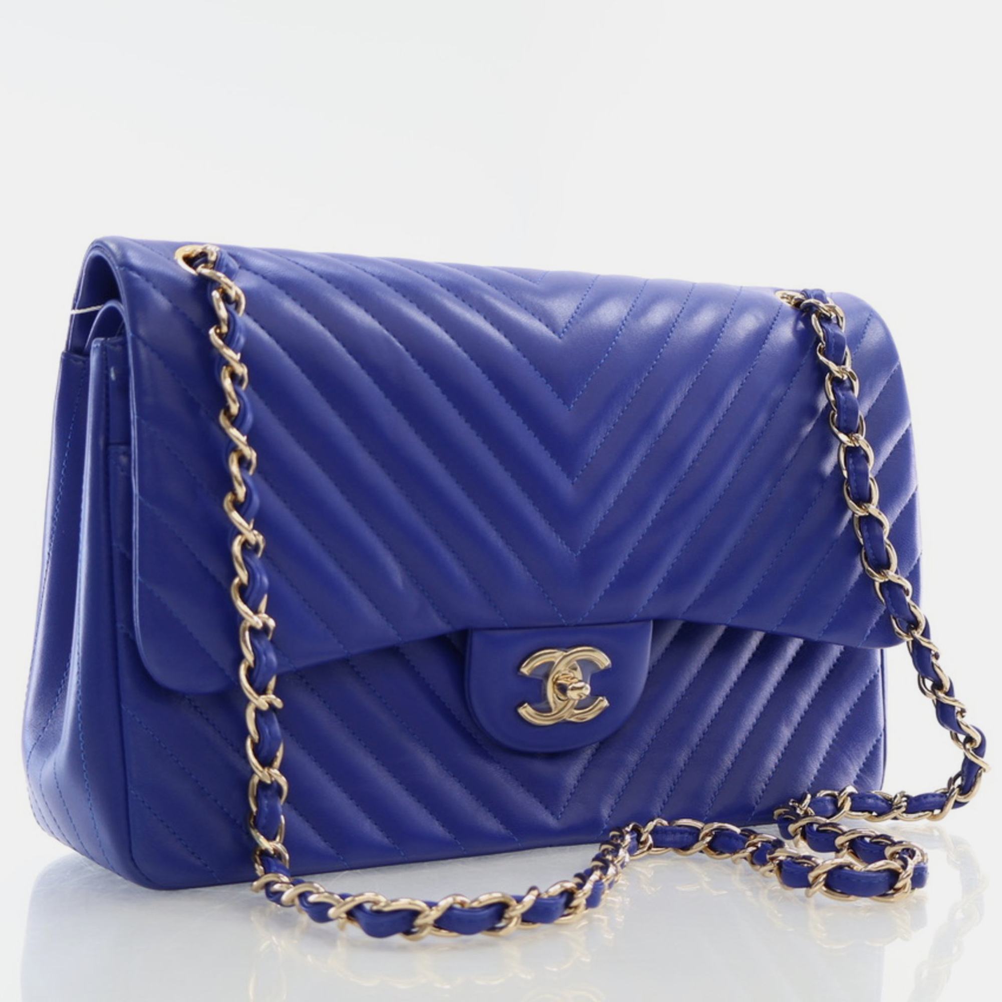 Chanel Blue Chevron Lambskin Medium Classic Double Flap Bag