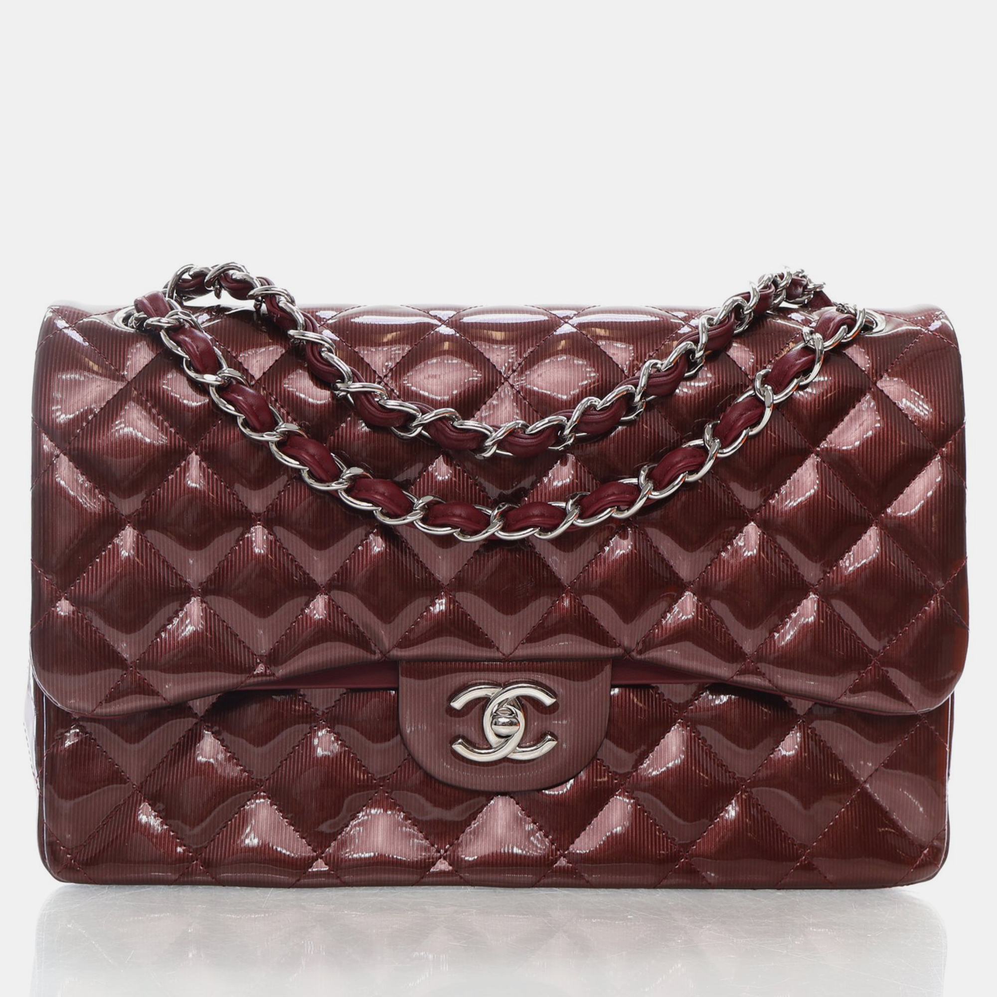 Chanel burgundy patent leather jumbo classic double flap shoulder bag
