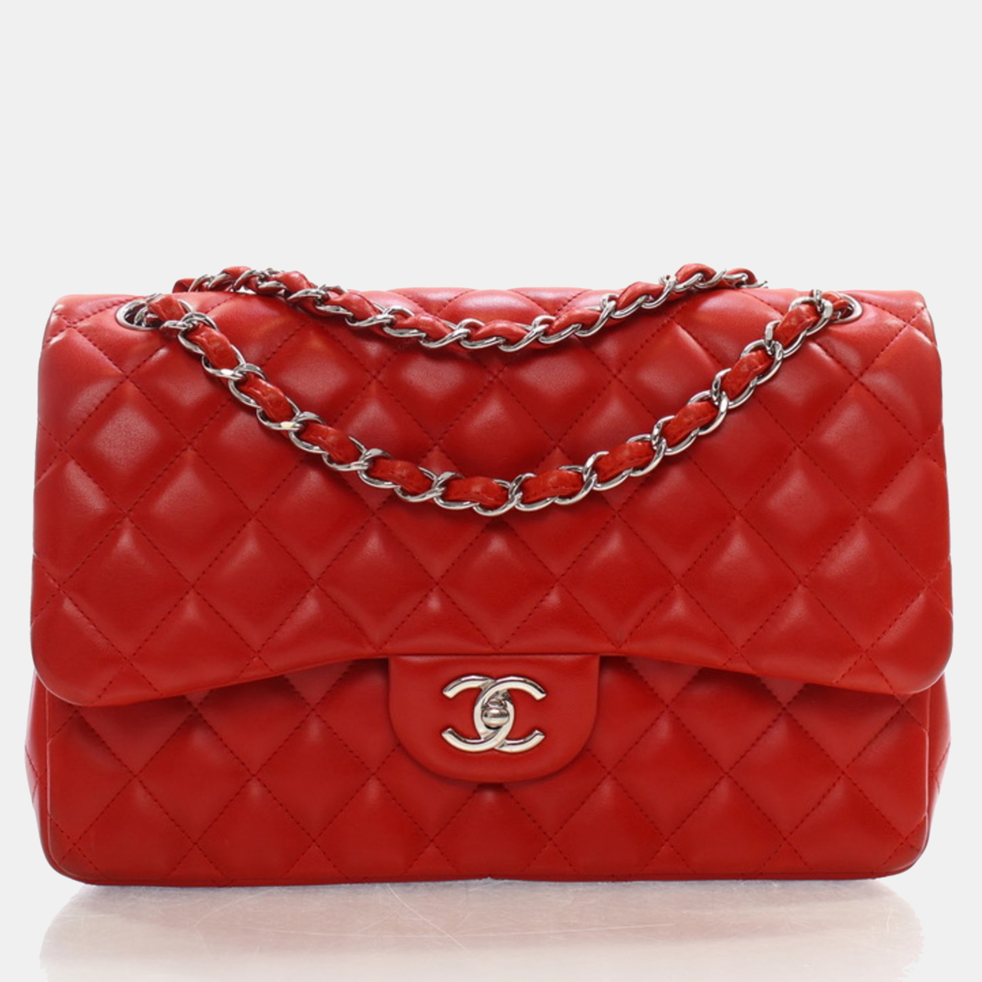 Chanel red lambskin leather jumbo classic double flap shoulder bag