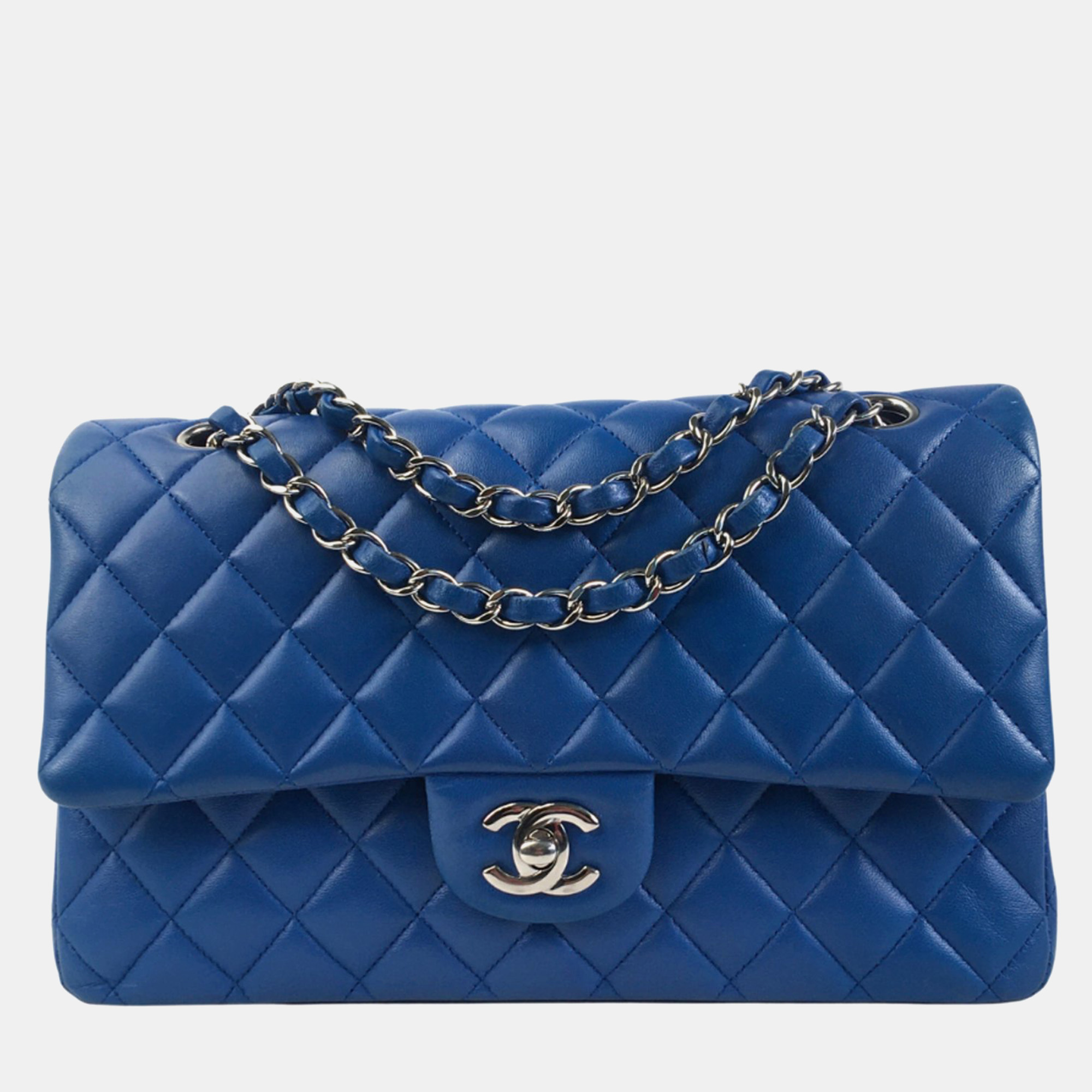 Chanel blue lambskin leather medium classic double flap shoulder bags