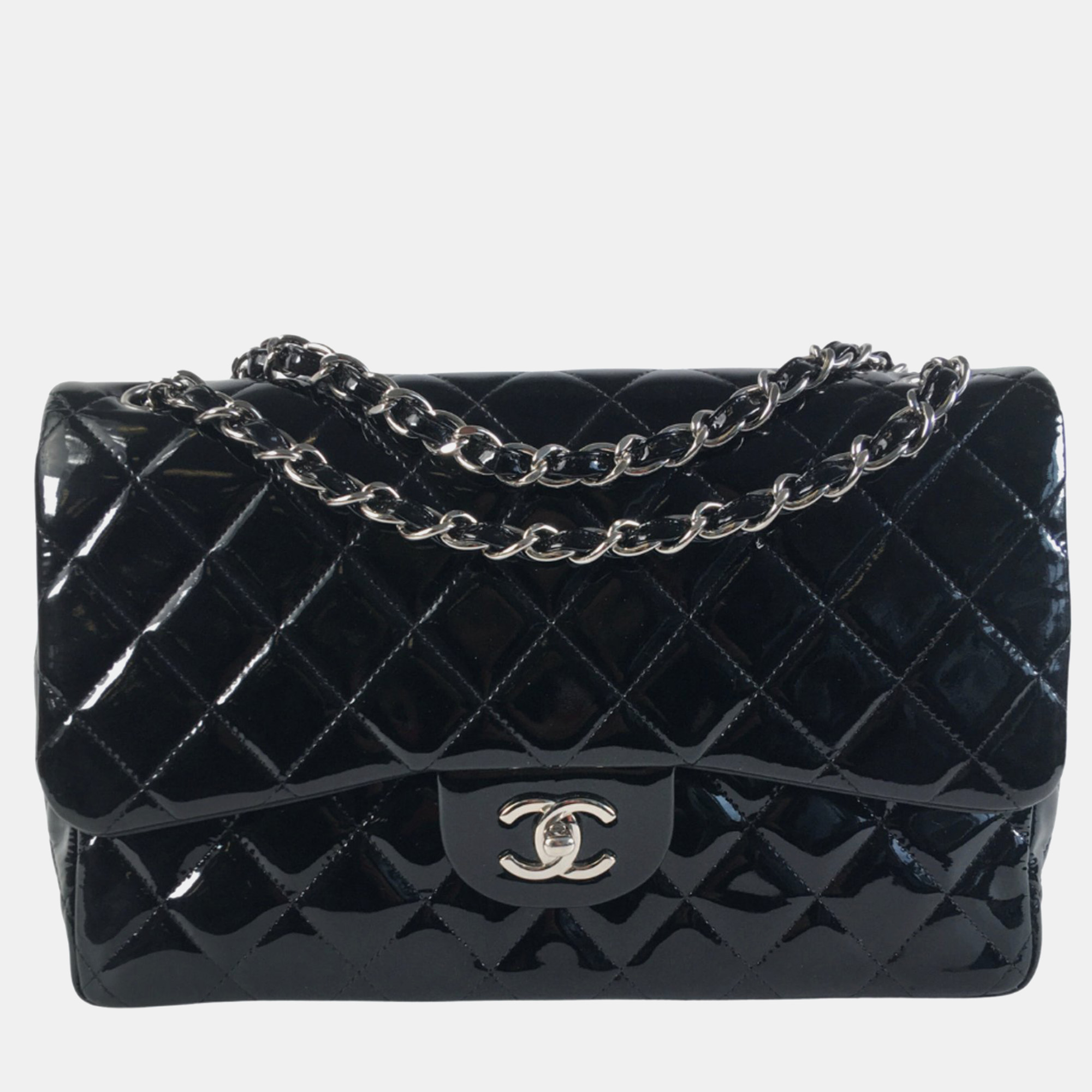Chanel black patent leather  classic double flap shoulder bags