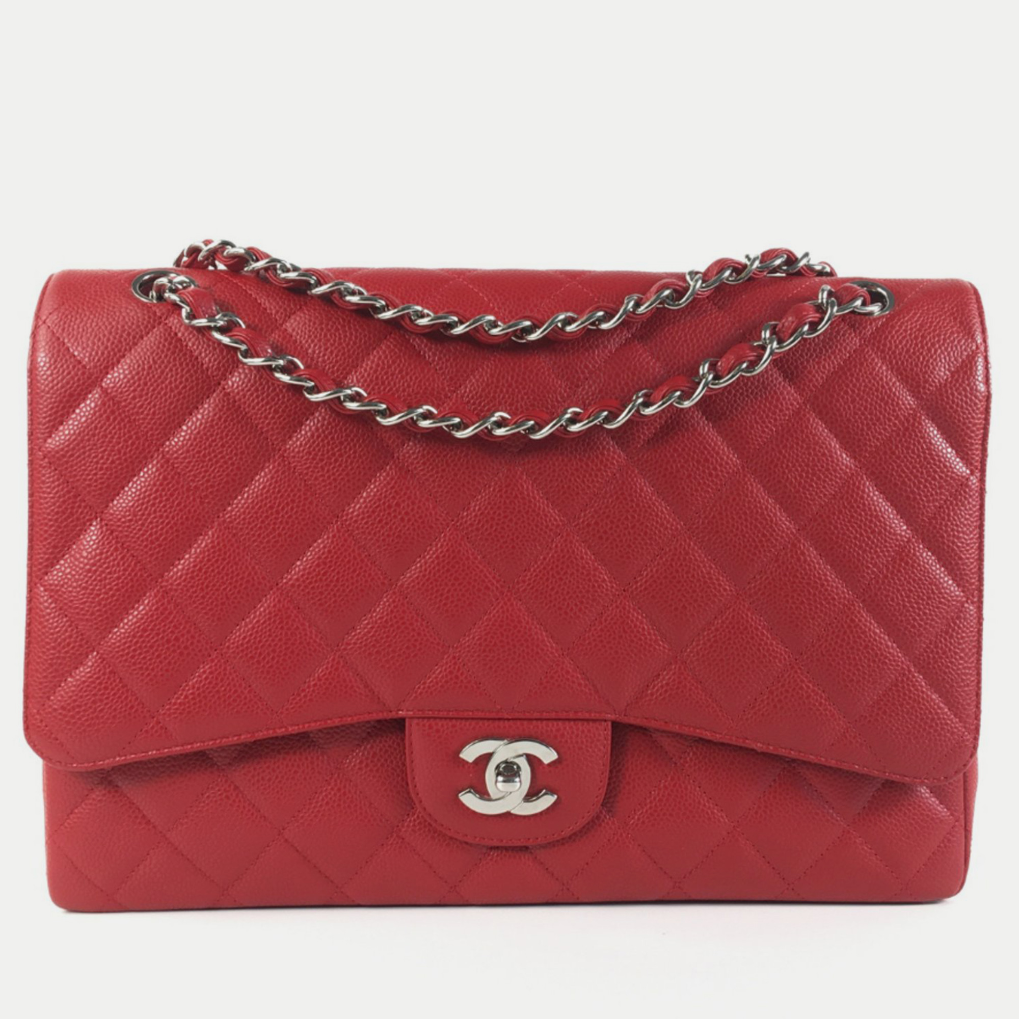 Chanel red lambskin leather maxi classic double flap shoulder bag