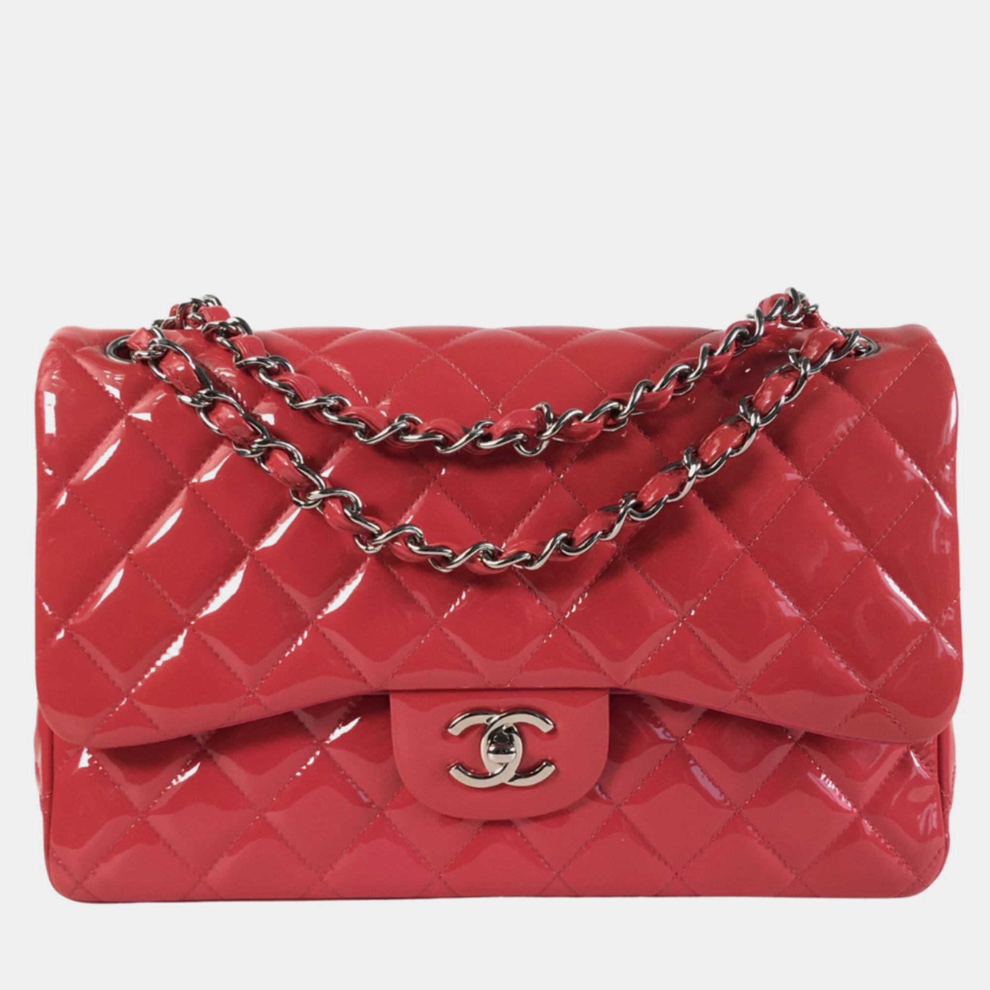 Chanel red patent leather jumbo classic double flap shoulder bag