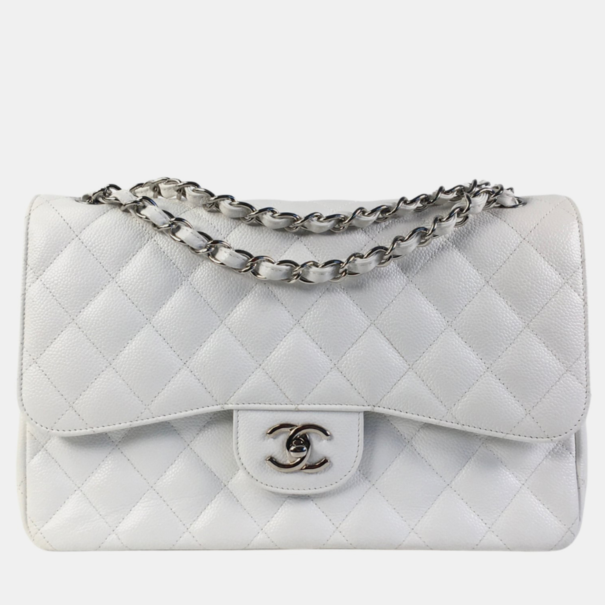 Chanel white caviar leather jumbo classic double flap shoulder bag