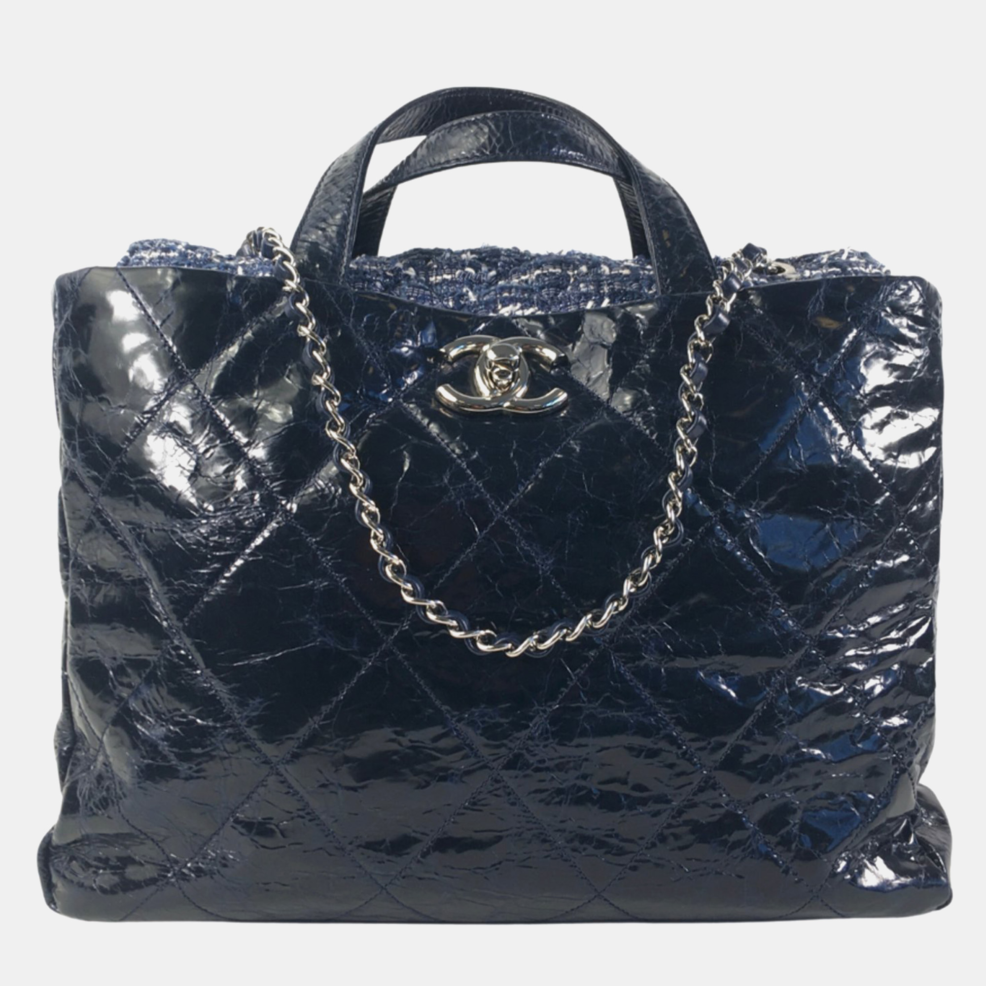 Chanel blue quilted glazed calfskin and tweed portobello top handle bags