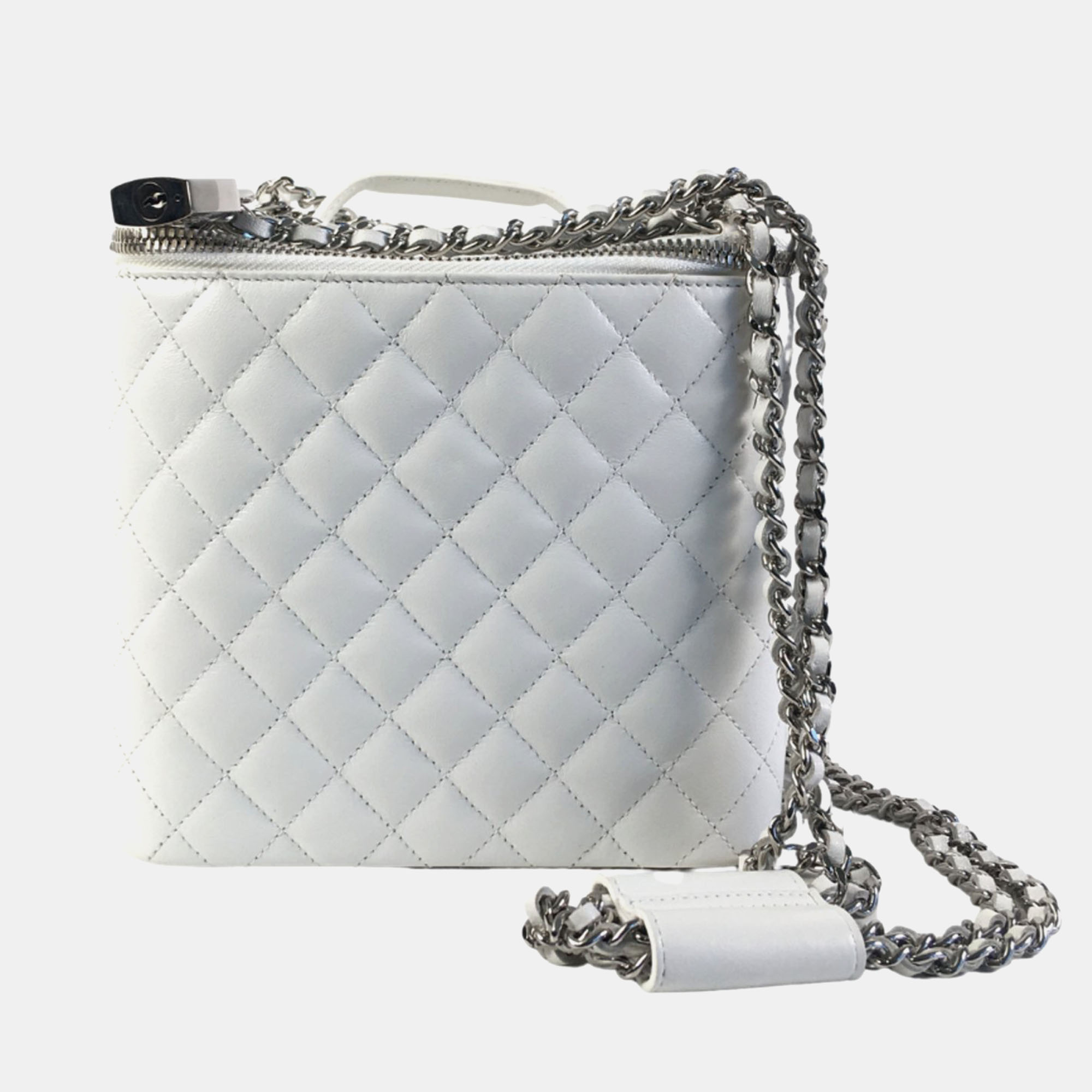 Chanel white lambskin quilted vanity case