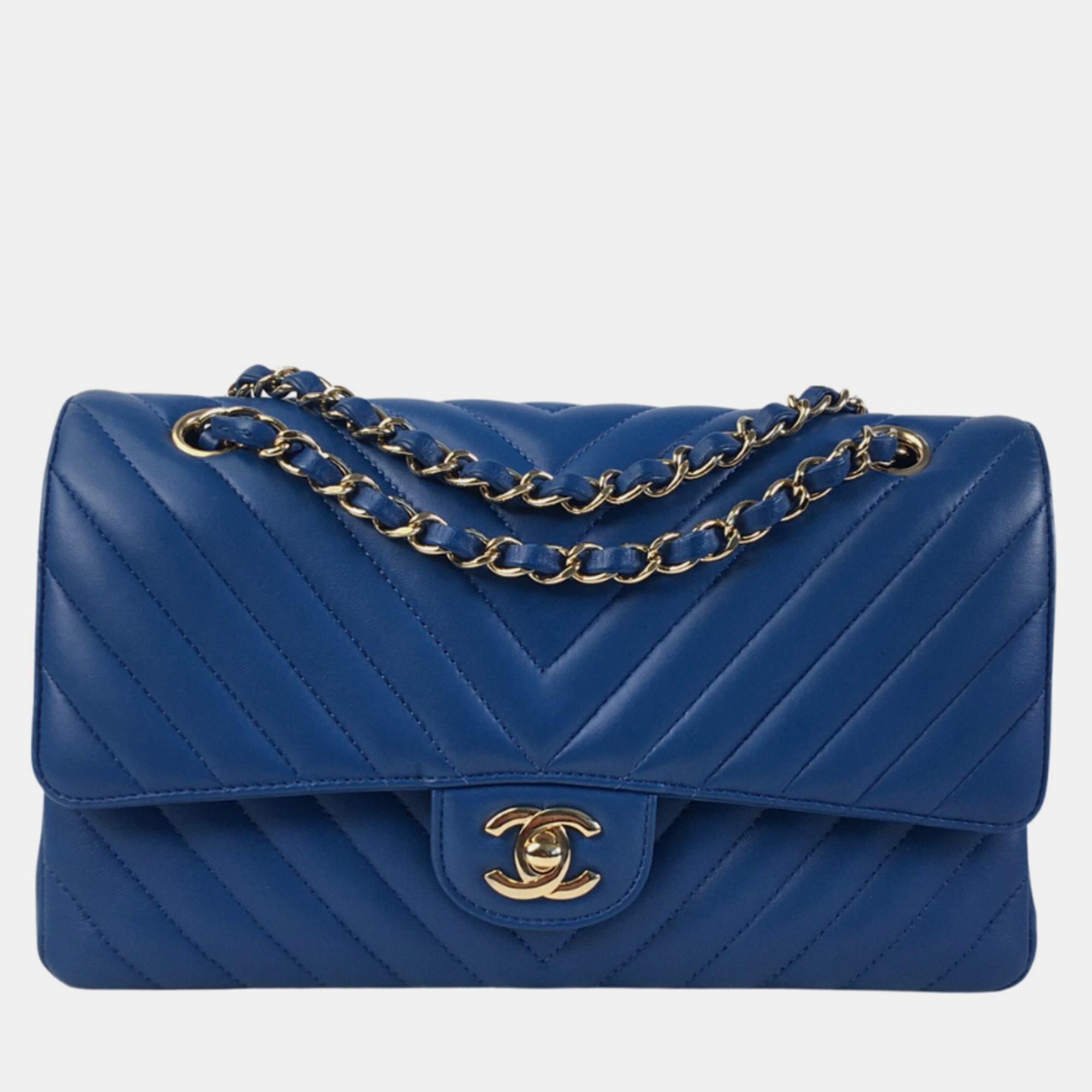 Chanel blue lambskin leather medium classic double flap shoulder bag