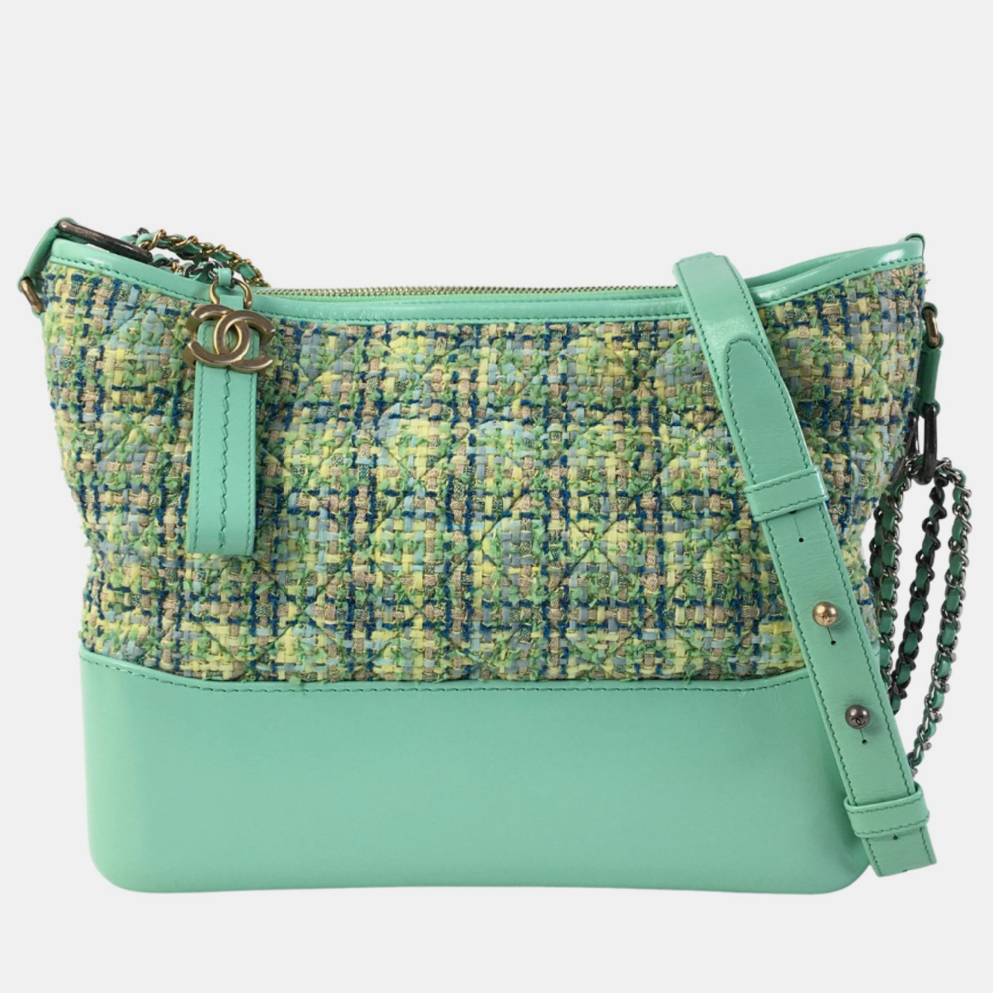 Chanel green tweed and leather medium gabrielle shoulder bags