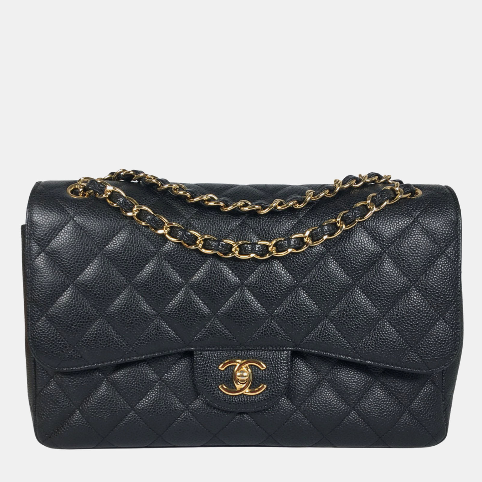 Chanel black caviar leather jumbo classic double flap shoulder bags
