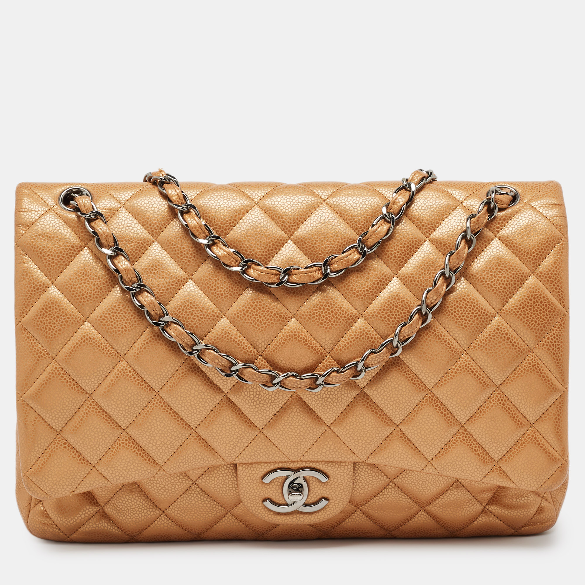 Chanel orange quilted caviar leather maxi classic double flap bag