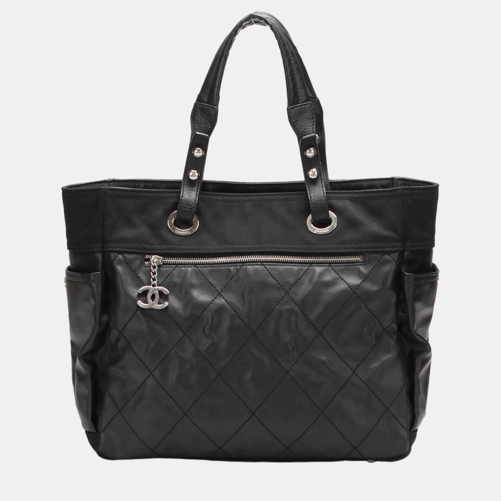 Chanel black leather large paris biarritz tote bag