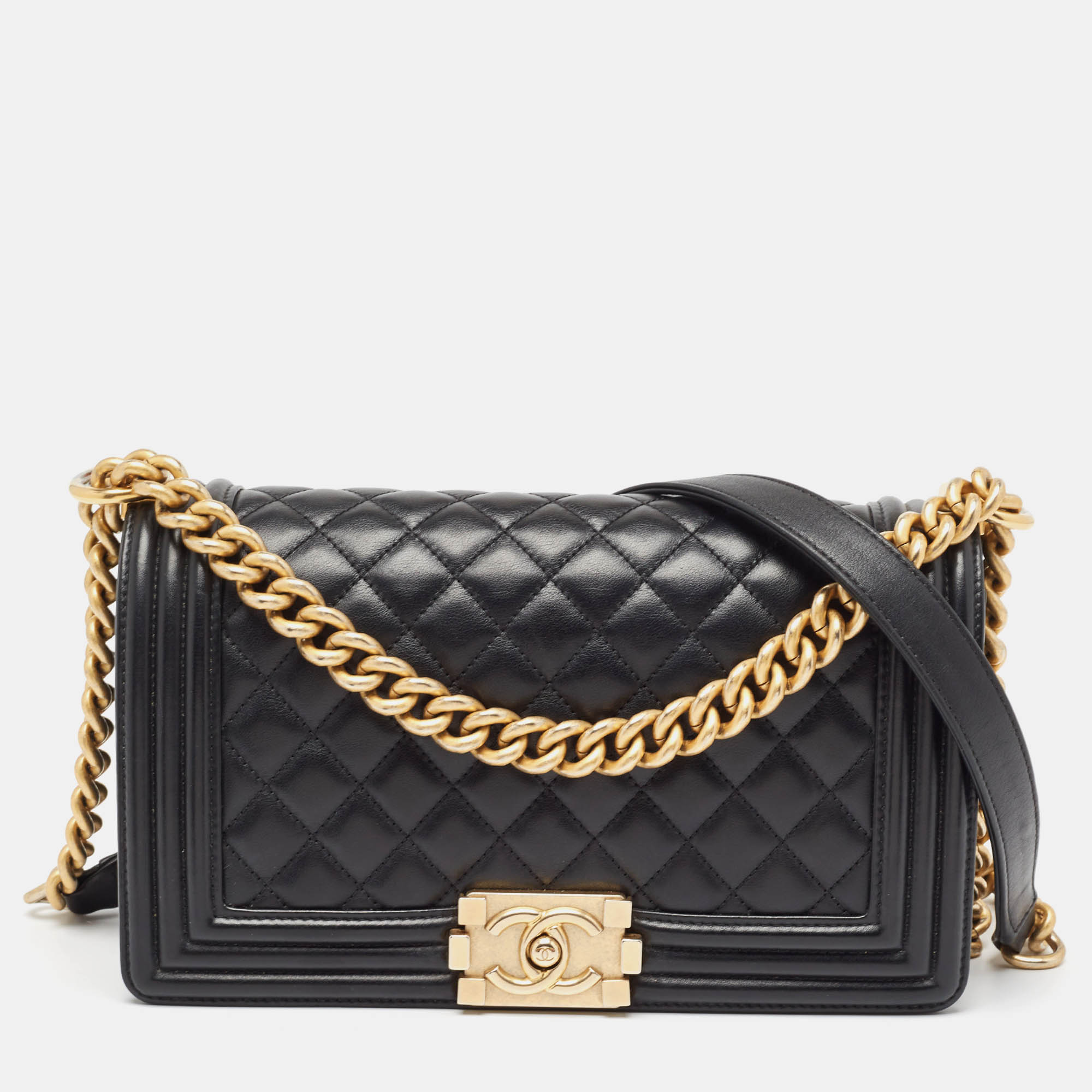 Chanel black quilted leather medium boy flap bag