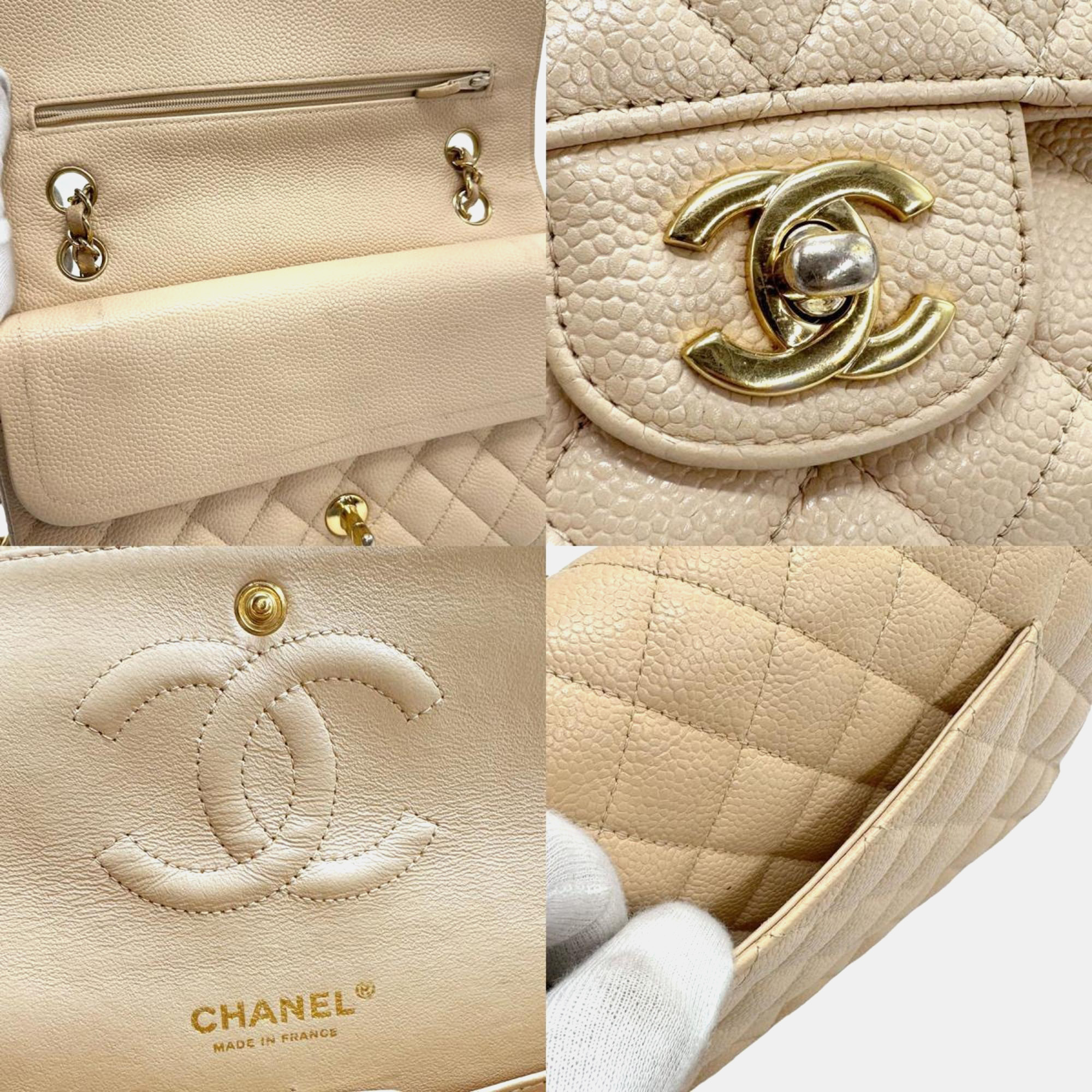 Chanel Beige Caviar Leather Medium Classic Double Flap Shoulder Bag