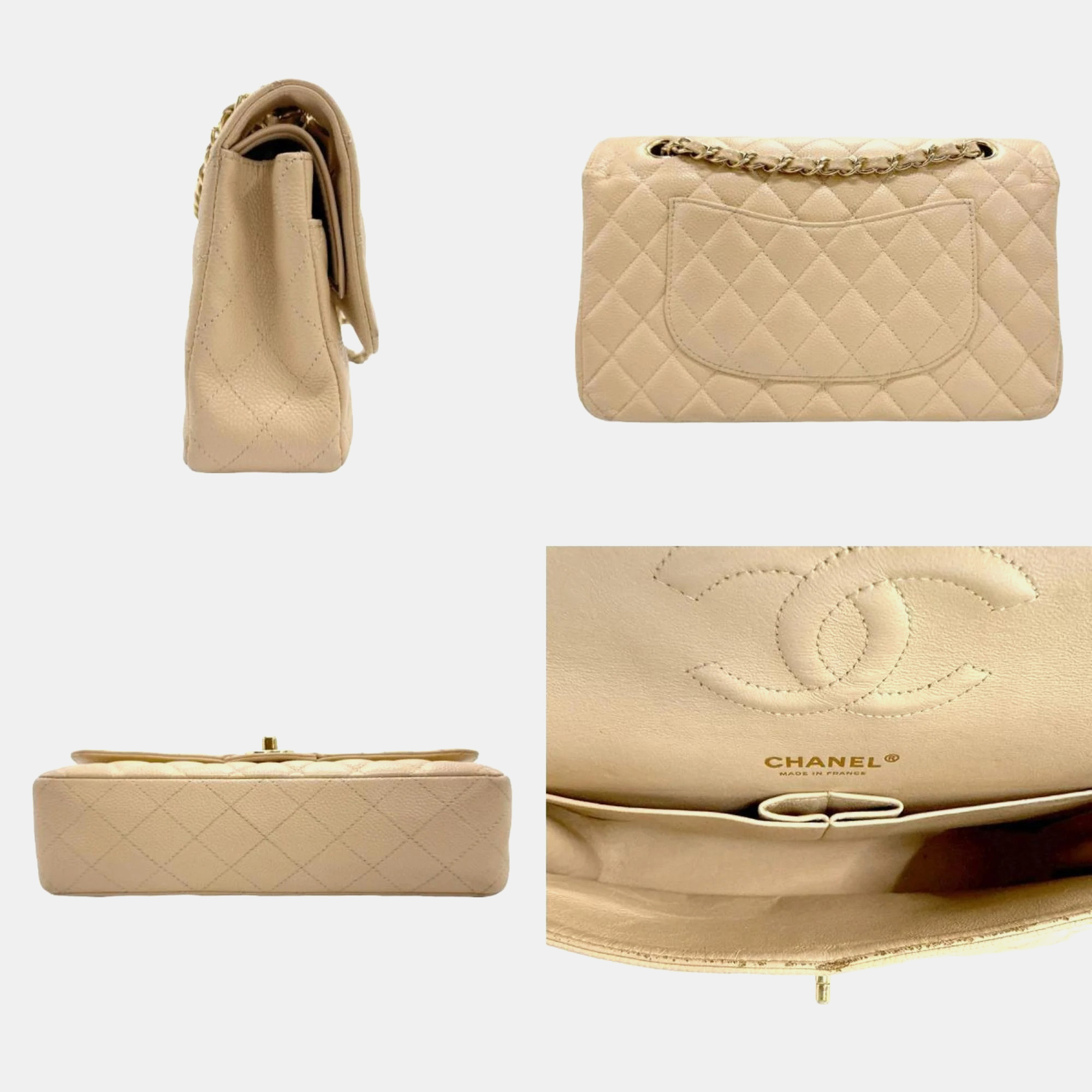 Chanel Beige Caviar Leather Medium Classic Double Flap Shoulder Bag