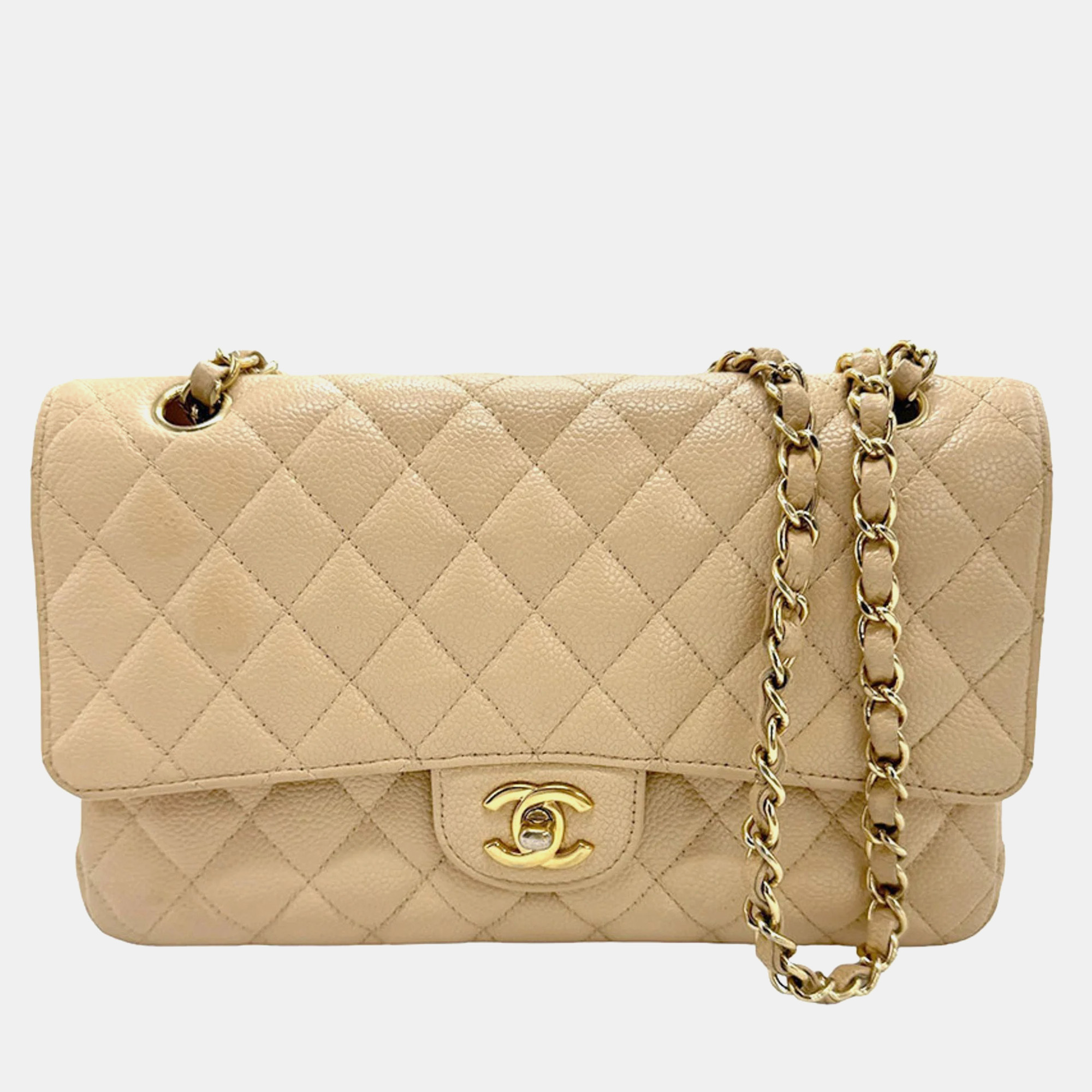Chanel beige caviar leather medium classic double flap shoulder bag