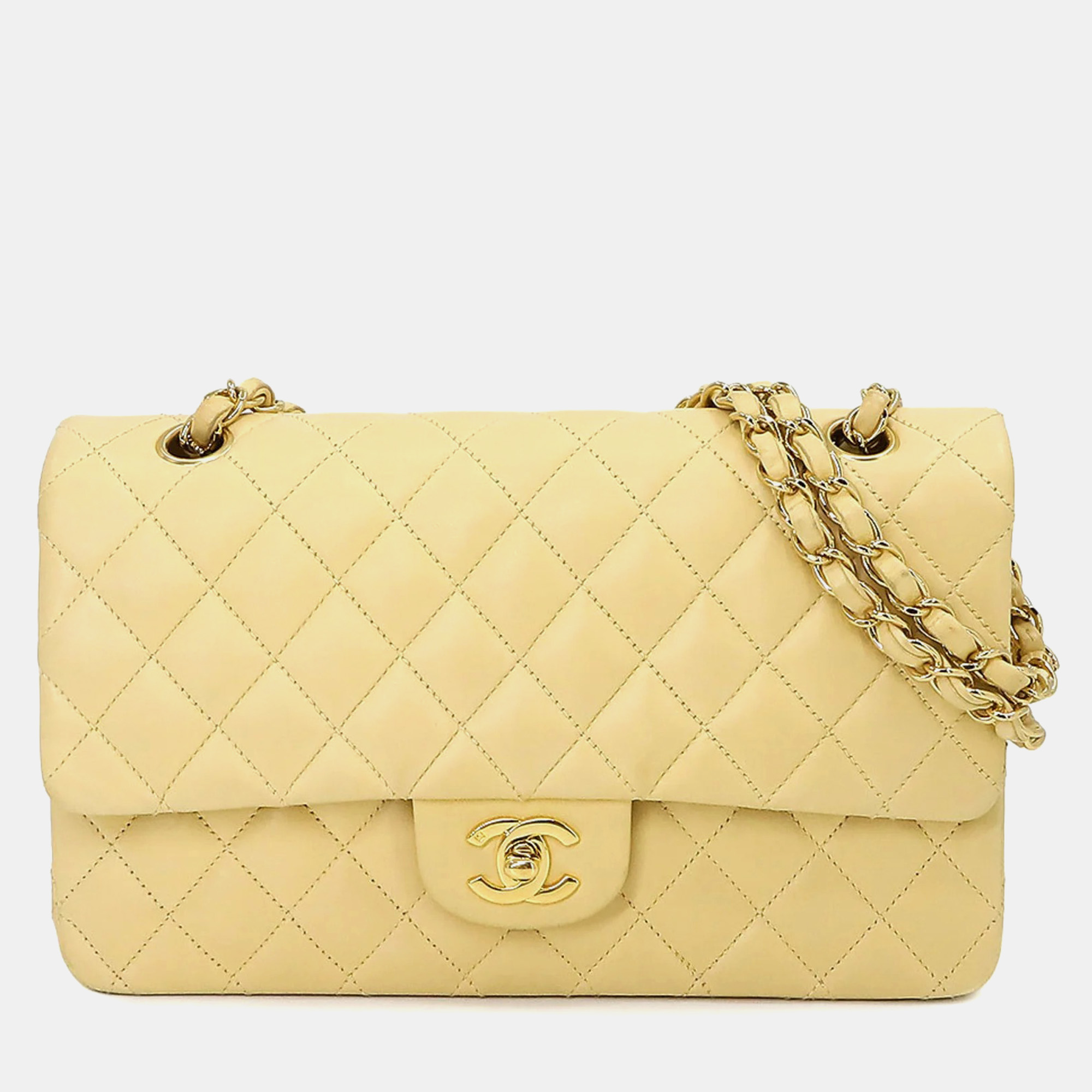 Chanel beige lambskin leather medium classic double flap shoulder bag
