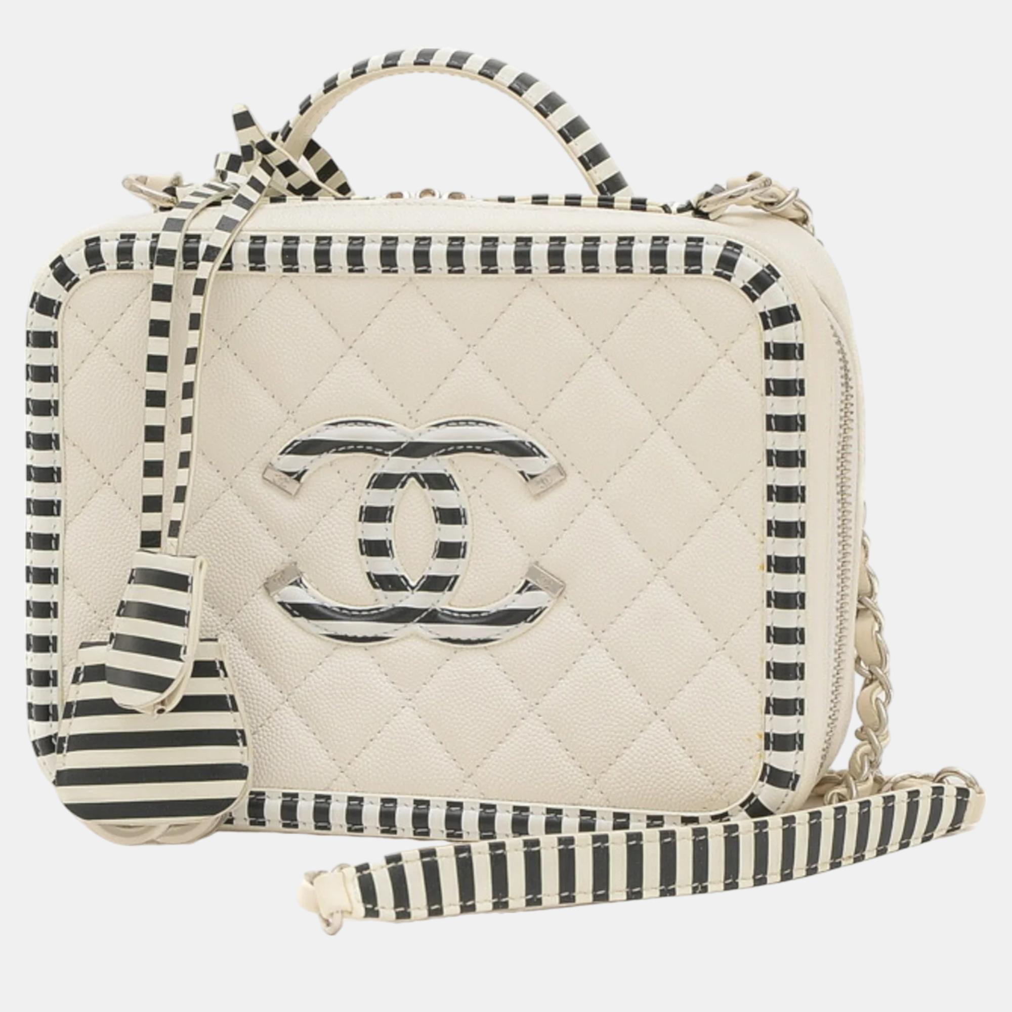 Chanel white leather filigree vanity shoulder bag