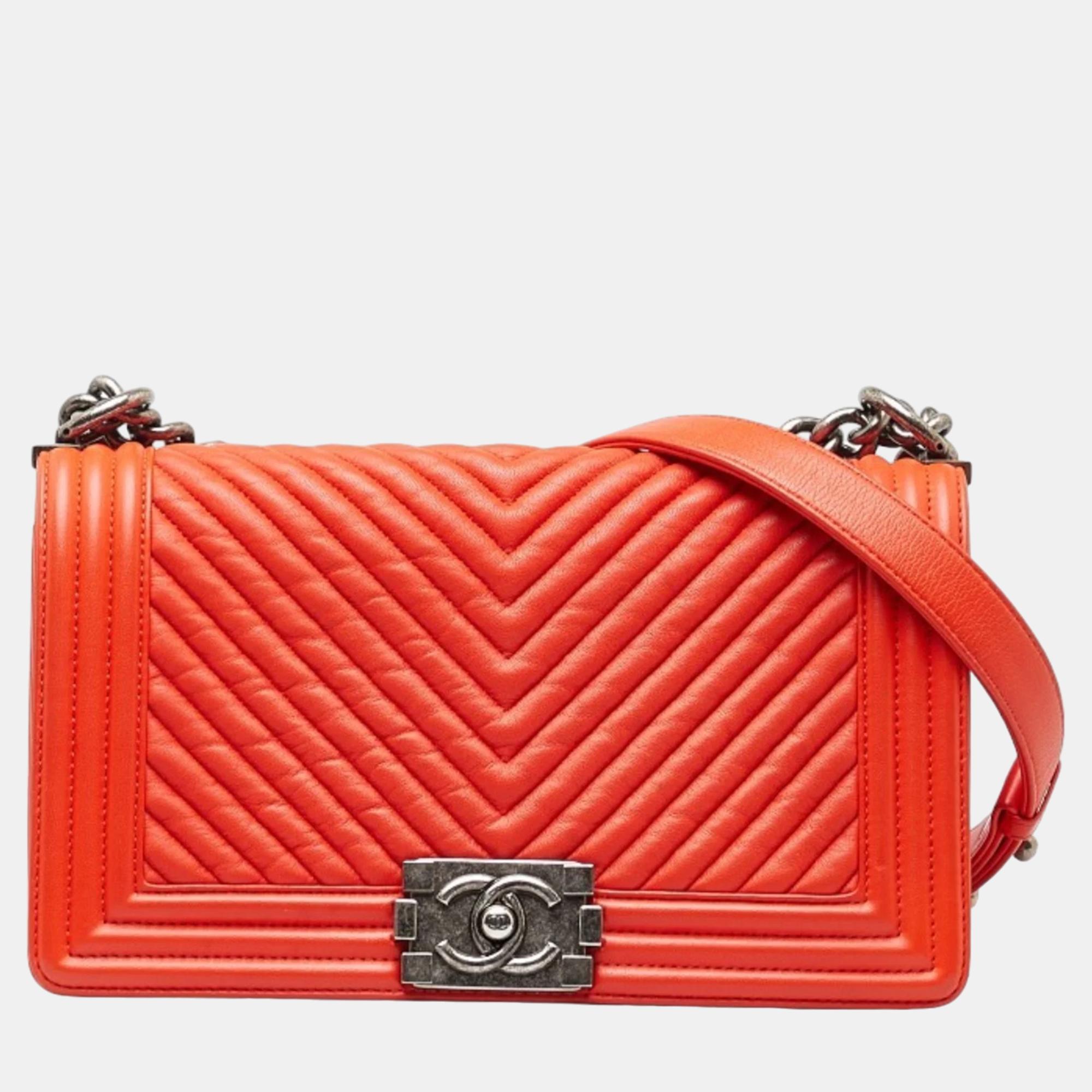 Chanel red leather medium boy bag