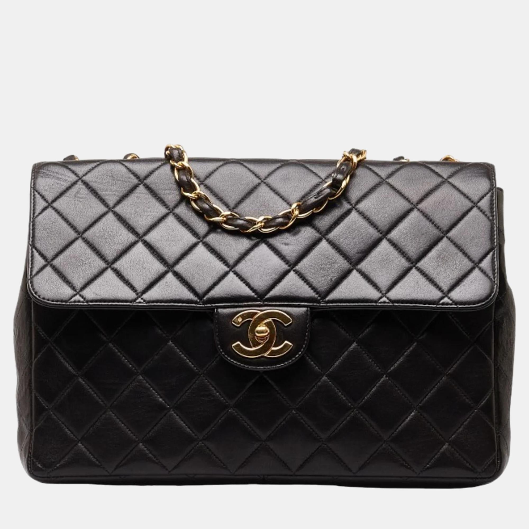 Chanel black leather jumbo single flap bag